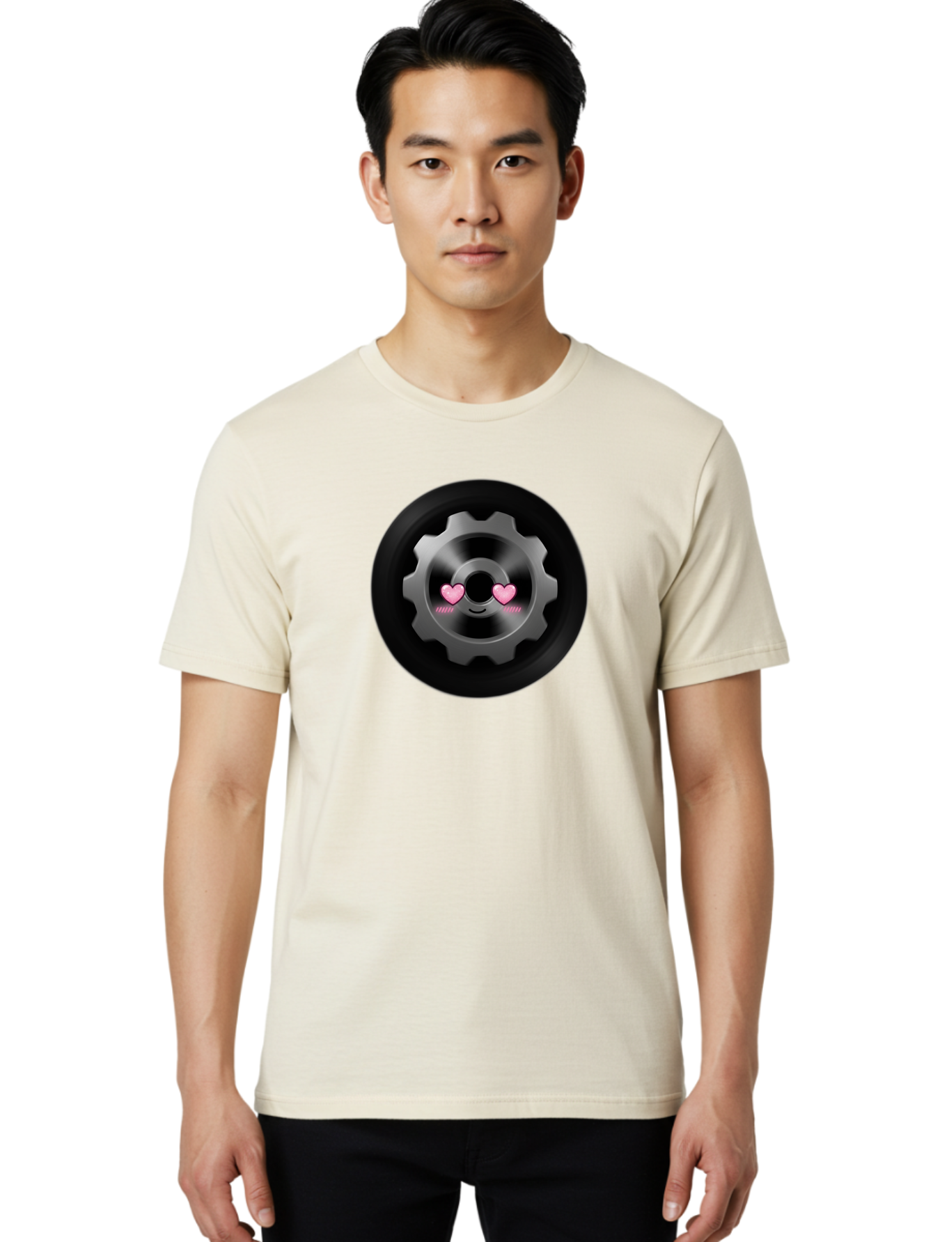 Gear Men'S Graphic Tee, 100% Cotton, Comfortable Casual Summer Wear, Machine Washable, Metal Gear, Heart Eyes, Love Symbol, Romantic Machinery, Cute Robotics, Heart-Shaped Eyes, Mechanical Love, Tech Emoticon Bad126