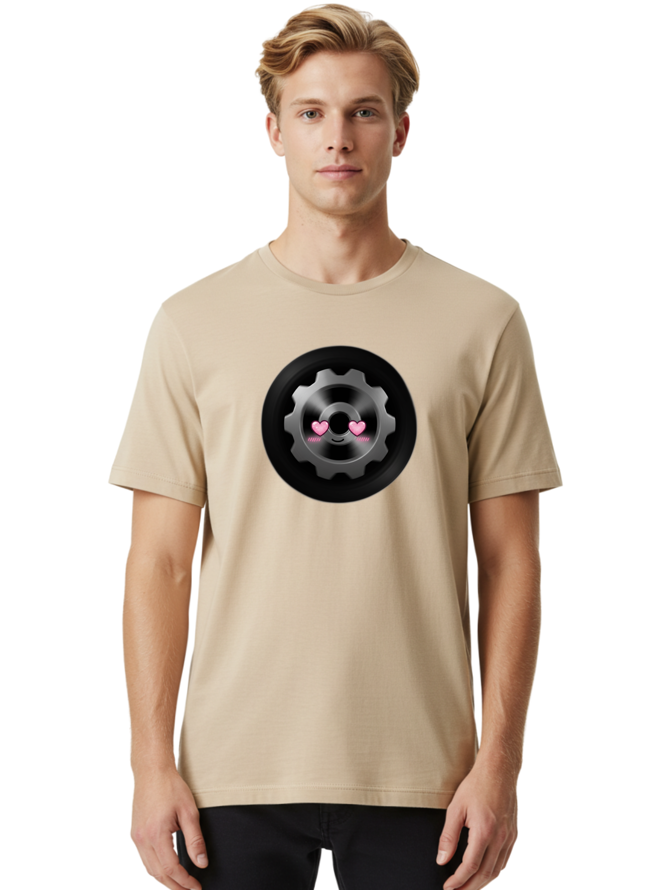Gear Men'S Graphic Tee, 100% Cotton, Comfortable Casual Summer Wear, Machine Washable, Metal Gear, Heart Eyes, Love Symbol, Romantic Machinery, Cute Robotics, Heart-Shaped Eyes, Mechanical Love, Tech Emoticon Bad126