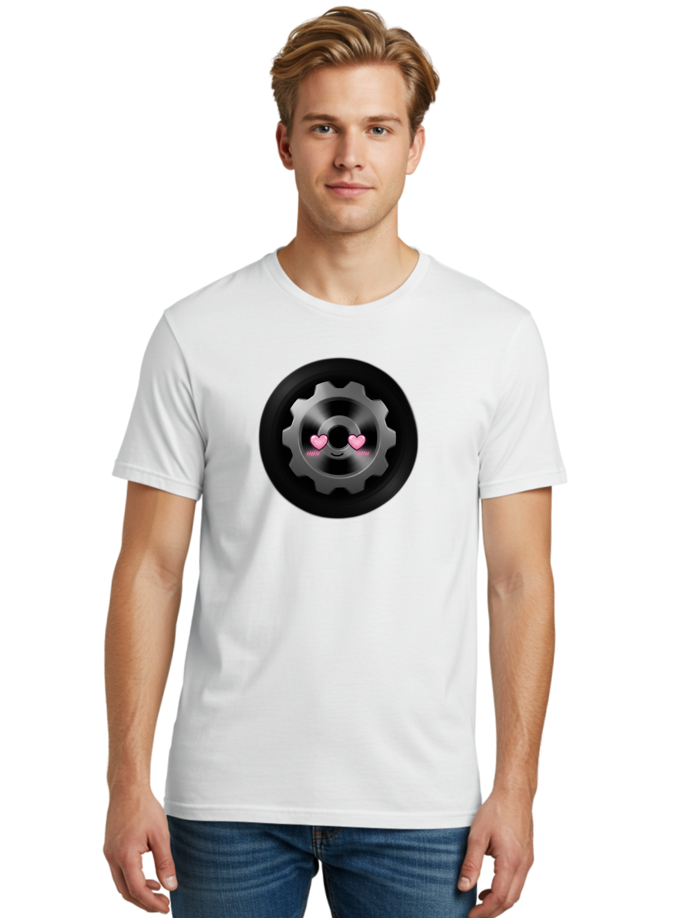Gear Men'S Graphic Tee, 100% Cotton, Comfortable Casual Summer Wear, Machine Washable, Metal Gear, Heart Eyes, Love Symbol, Romantic Machinery, Cute Robotics, Heart-Shaped Eyes, Mechanical Love, Tech Emoticon Bad126