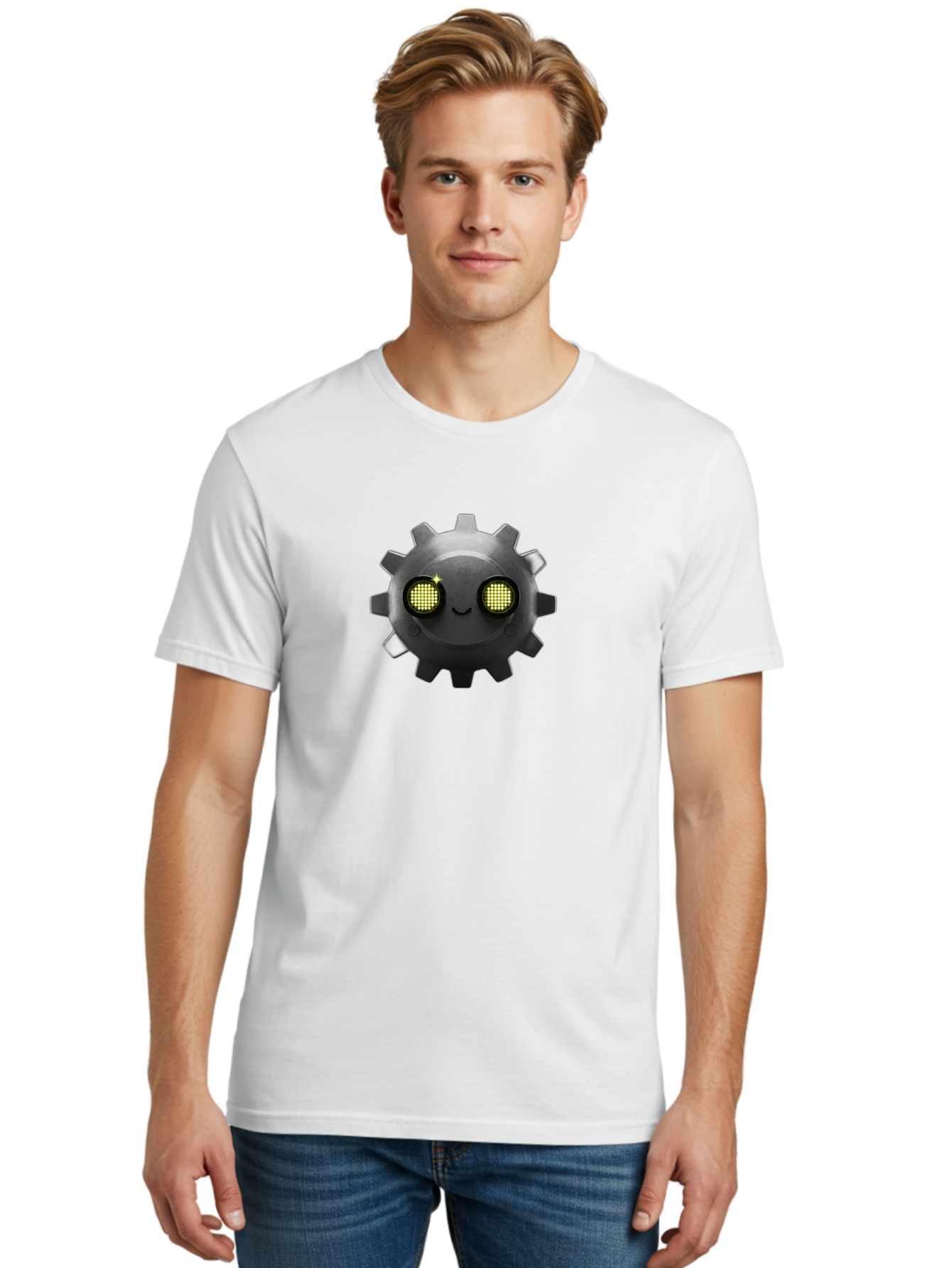 Gearbot Men'S Graphic Tee, 100% Cotton, Comfortable Casual Summer Wear, Machine Washable, Steampunk-Inspired Cog, Industrial Charm, Gear Face, Robotic Eyes, Machinery Character, Digital Art, Futuristic Design, Mechanical Marvel Bad127