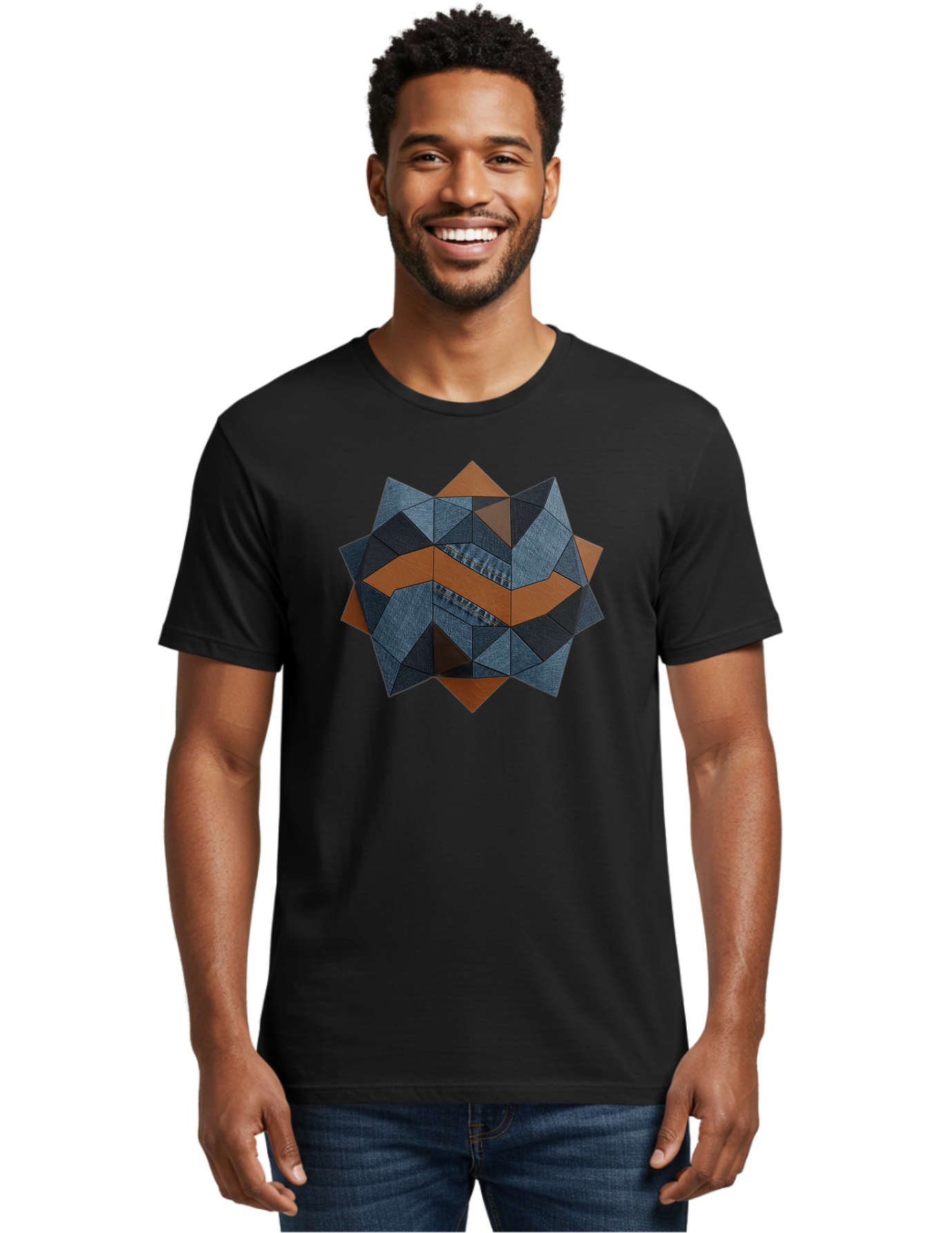 Geometric-Denim-Star Men'S Graphic Tee, 100% Cotton, Comfortable Casual Summer Wear, Machine Washable, Geometric Pattern, Denim Fabric, Abstract Design, Mixed Media Art, Layered Shapes, Blue Denim, Brown Accents, Intricate Details, Bad128