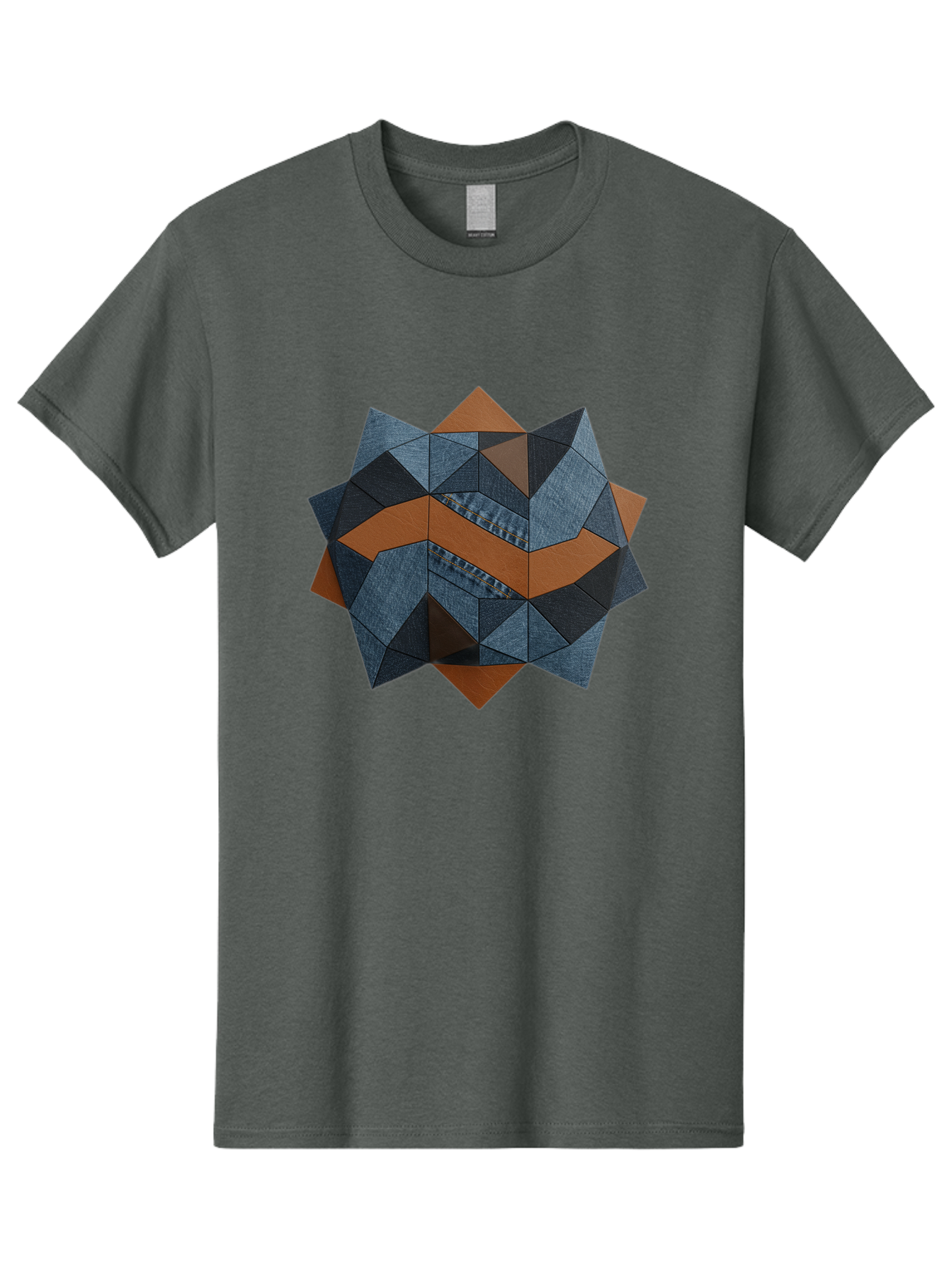 Geometric-Denim-Star Men'S Graphic Tee, 100% Cotton, Comfortable Casual Summer Wear, Machine Washable, Geometric Pattern, Denim Fabric, Abstract Design, Mixed Media Art, Layered Shapes, Blue Denim, Brown Accents, Intricate Details, Bad128