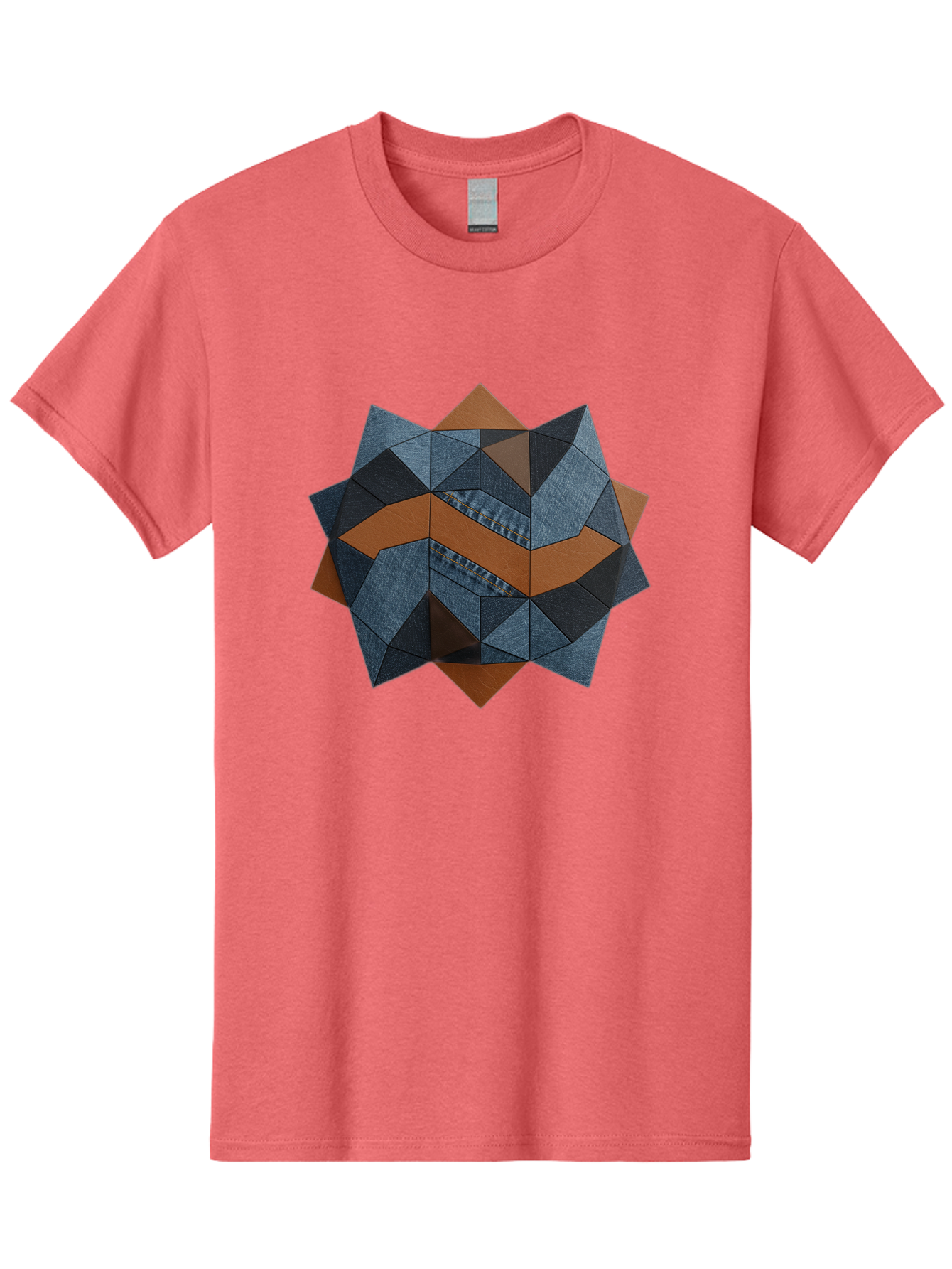 Geometric-Denim-Star Men'S Graphic Tee, 100% Cotton, Comfortable Casual Summer Wear, Machine Washable, Geometric Pattern, Denim Fabric, Abstract Design, Mixed Media Art, Layered Shapes, Blue Denim, Brown Accents, Intricate Details, Bad128