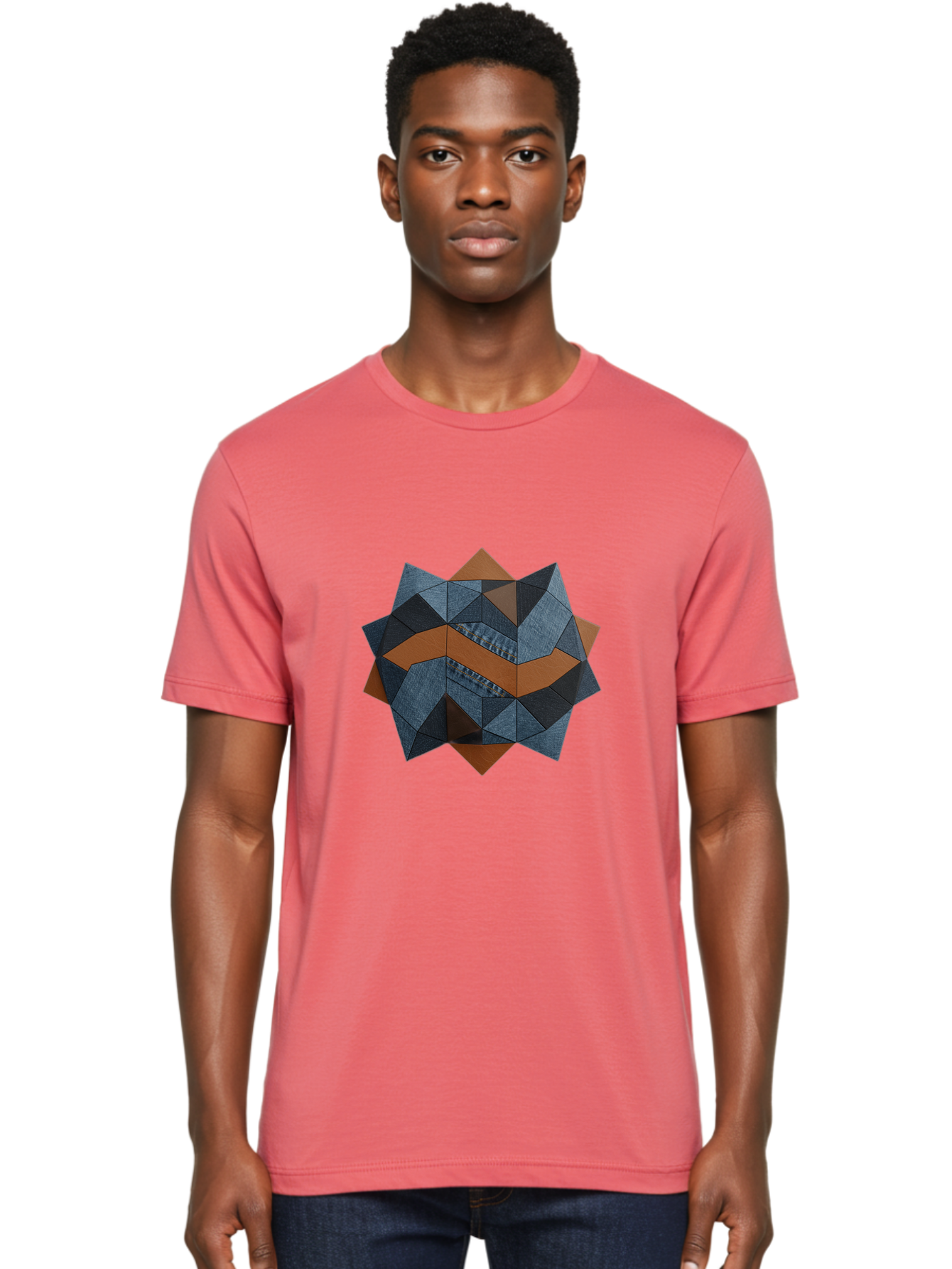 Geometric-Denim-Star Men'S Graphic Tee, 100% Cotton, Comfortable Casual Summer Wear, Machine Washable, Geometric Pattern, Denim Fabric, Abstract Design, Mixed Media Art, Layered Shapes, Blue Denim, Brown Accents, Intricate Details, Bad128