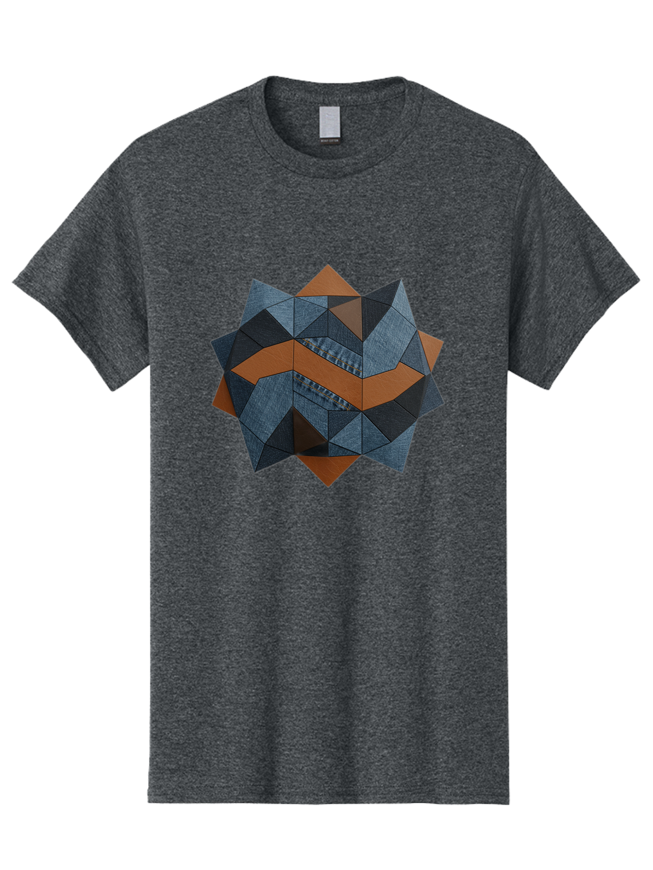 Geometric-Denim-Star Men'S Graphic Tee, 100% Cotton, Comfortable Casual Summer Wear, Machine Washable, Geometric Pattern, Denim Fabric, Abstract Design, Mixed Media Art, Layered Shapes, Blue Denim, Brown Accents, Intricate Details, Bad128