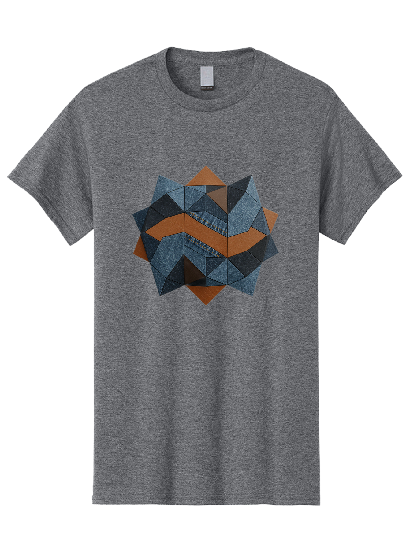 Geometric-Denim-Star Men'S Graphic Tee, 100% Cotton, Comfortable Casual Summer Wear, Machine Washable, Geometric Pattern, Denim Fabric, Abstract Design, Mixed Media Art, Layered Shapes, Blue Denim, Brown Accents, Intricate Details, Bad128