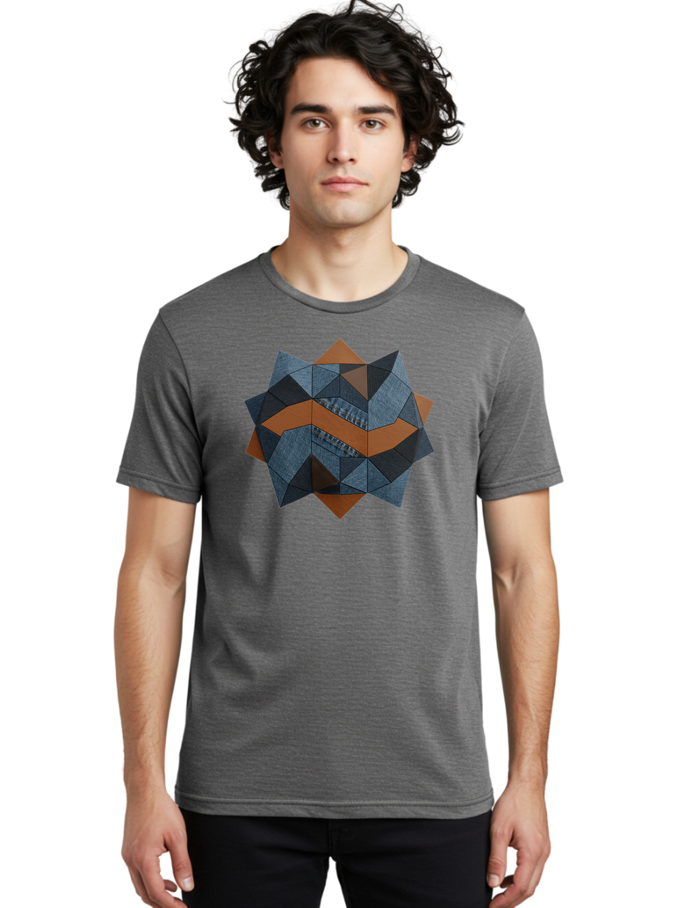 Geometric-Denim-Star Men'S Graphic Tee, 100% Cotton, Comfortable Casual Summer Wear, Machine Washable, Geometric Pattern, Denim Fabric, Abstract Design, Mixed Media Art, Layered Shapes, Blue Denim, Brown Accents, Intricate Details, Bad128