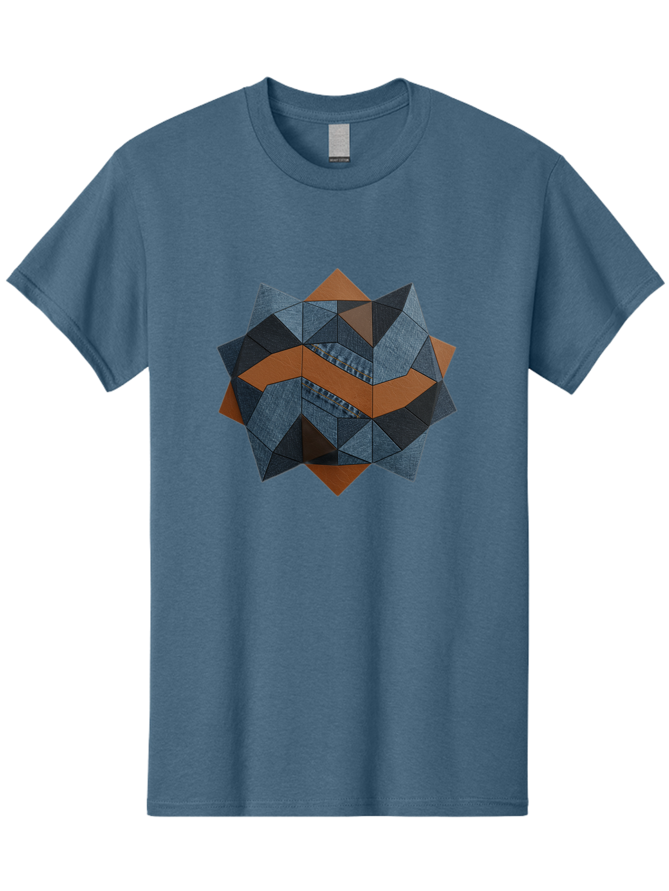 Geometric-Denim-Star Men'S Graphic Tee, 100% Cotton, Comfortable Casual Summer Wear, Machine Washable, Geometric Pattern, Denim Fabric, Abstract Design, Mixed Media Art, Layered Shapes, Blue Denim, Brown Accents, Intricate Details, Bad128