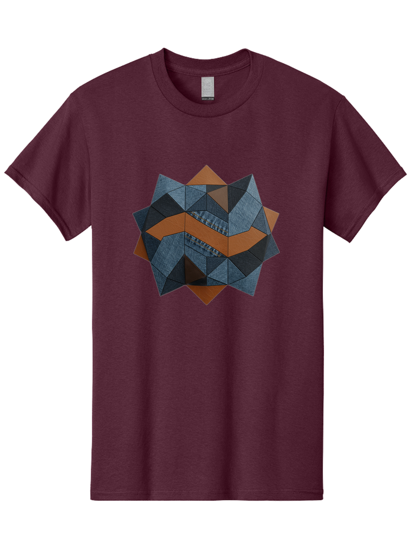 Geometric-Denim-Star Men'S Graphic Tee, 100% Cotton, Comfortable Casual Summer Wear, Machine Washable, Geometric Pattern, Denim Fabric, Abstract Design, Mixed Media Art, Layered Shapes, Blue Denim, Brown Accents, Intricate Details, Bad128