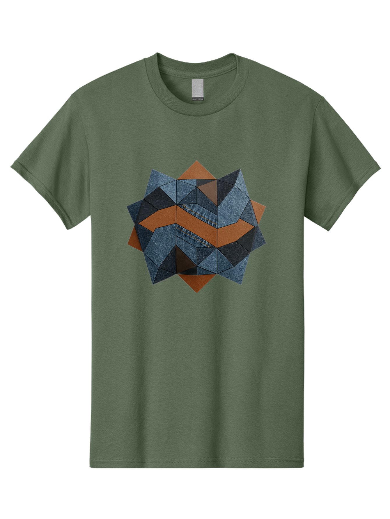Geometric-Denim-Star Men'S Graphic Tee, 100% Cotton, Comfortable Casual Summer Wear, Machine Washable, Geometric Pattern, Denim Fabric, Abstract Design, Mixed Media Art, Layered Shapes, Blue Denim, Brown Accents, Intricate Details, Bad128