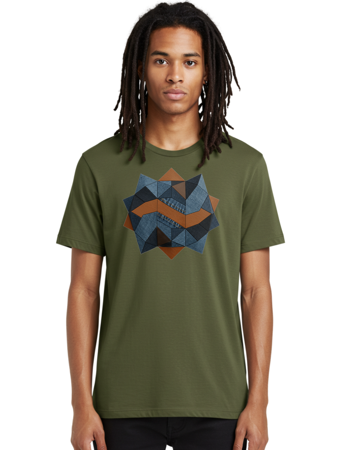 Geometric-Denim-Star Men'S Graphic Tee, 100% Cotton, Comfortable Casual Summer Wear, Machine Washable, Geometric Pattern, Denim Fabric, Abstract Design, Mixed Media Art, Layered Shapes, Blue Denim, Brown Accents, Intricate Details, Bad128