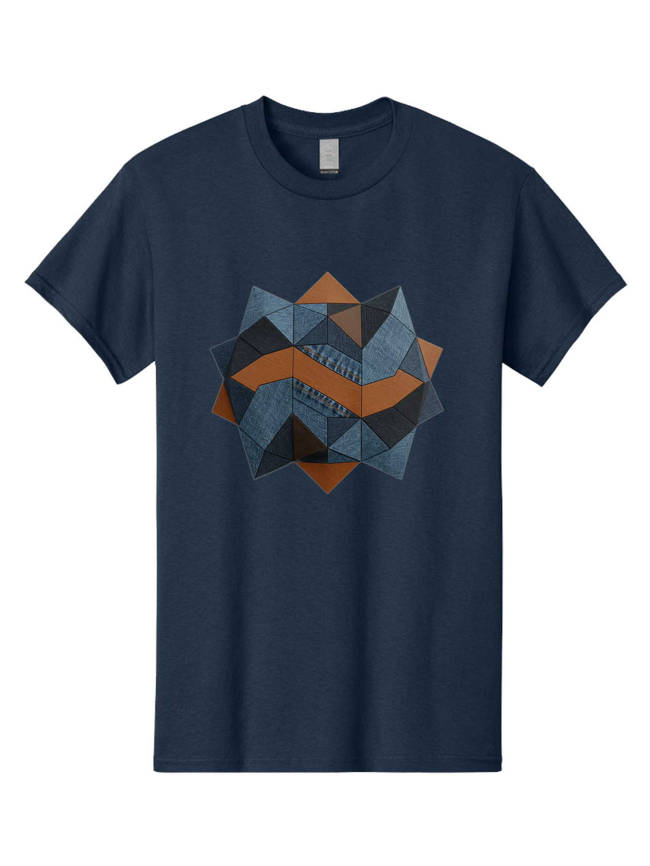 Geometric-Denim-Star Men'S Graphic Tee, 100% Cotton, Comfortable Casual Summer Wear, Machine Washable, Geometric Pattern, Denim Fabric, Abstract Design, Mixed Media Art, Layered Shapes, Blue Denim, Brown Accents, Intricate Details, Bad128