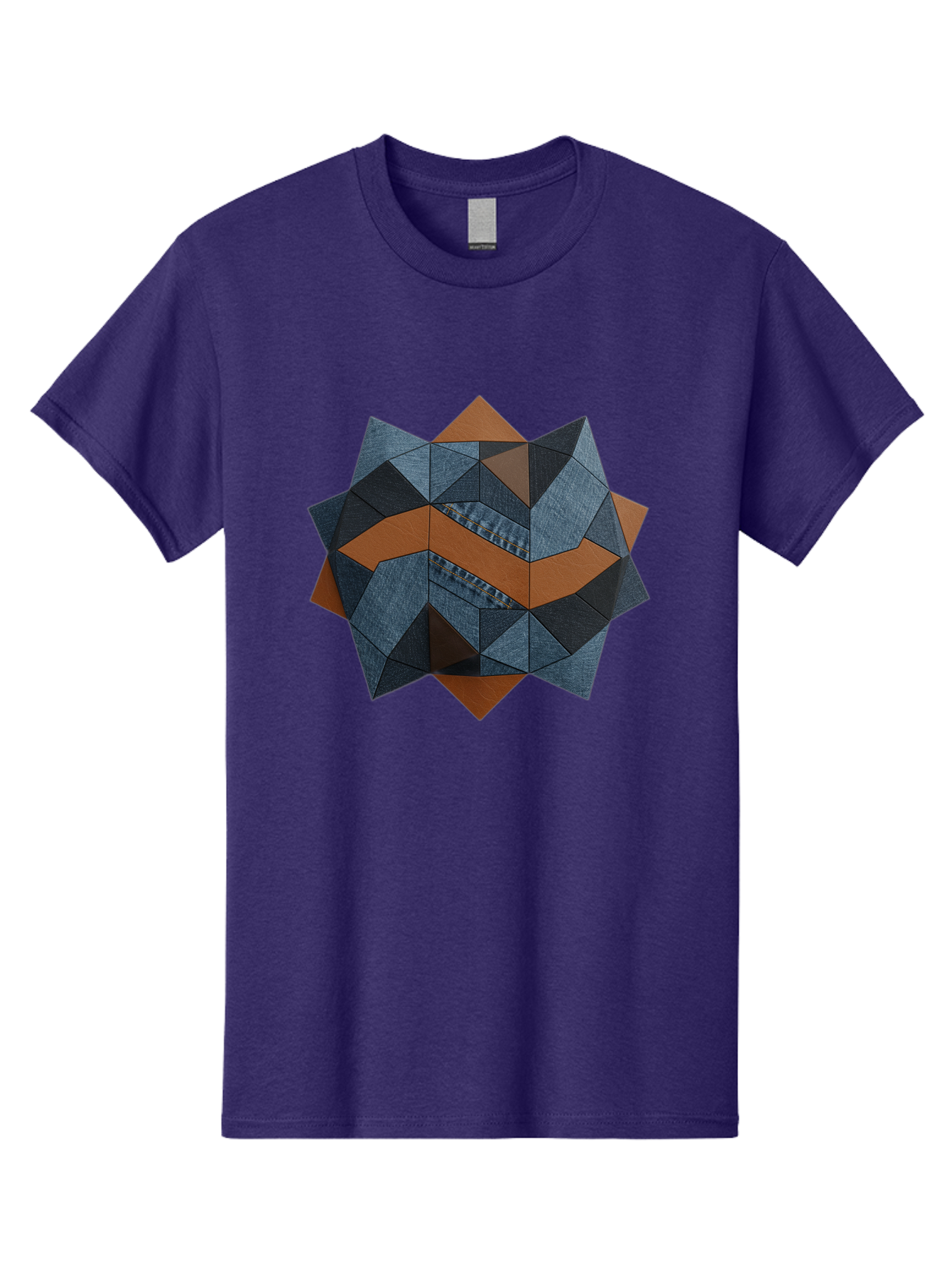 Geometric-Denim-Star Men'S Graphic Tee, 100% Cotton, Comfortable Casual Summer Wear, Machine Washable, Geometric Pattern, Denim Fabric, Abstract Design, Mixed Media Art, Layered Shapes, Blue Denim, Brown Accents, Intricate Details, Bad128