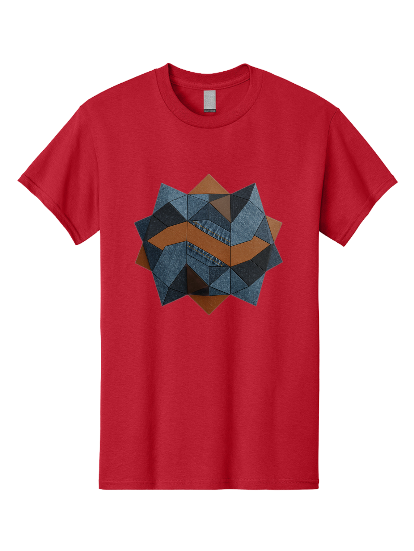 Geometric-Denim-Star Men'S Graphic Tee, 100% Cotton, Comfortable Casual Summer Wear, Machine Washable, Geometric Pattern, Denim Fabric, Abstract Design, Mixed Media Art, Layered Shapes, Blue Denim, Brown Accents, Intricate Details, Bad128