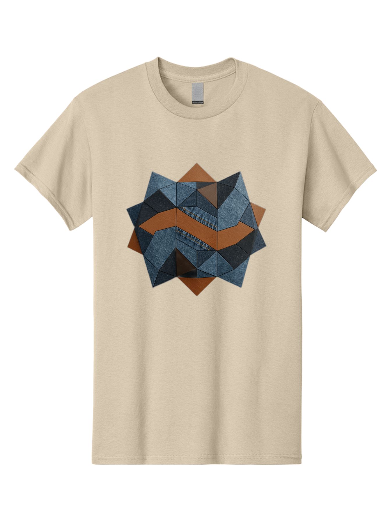 Geometric-Denim-Star Men'S Graphic Tee, 100% Cotton, Comfortable Casual Summer Wear, Machine Washable, Geometric Pattern, Denim Fabric, Abstract Design, Mixed Media Art, Layered Shapes, Blue Denim, Brown Accents, Intricate Details, Bad128