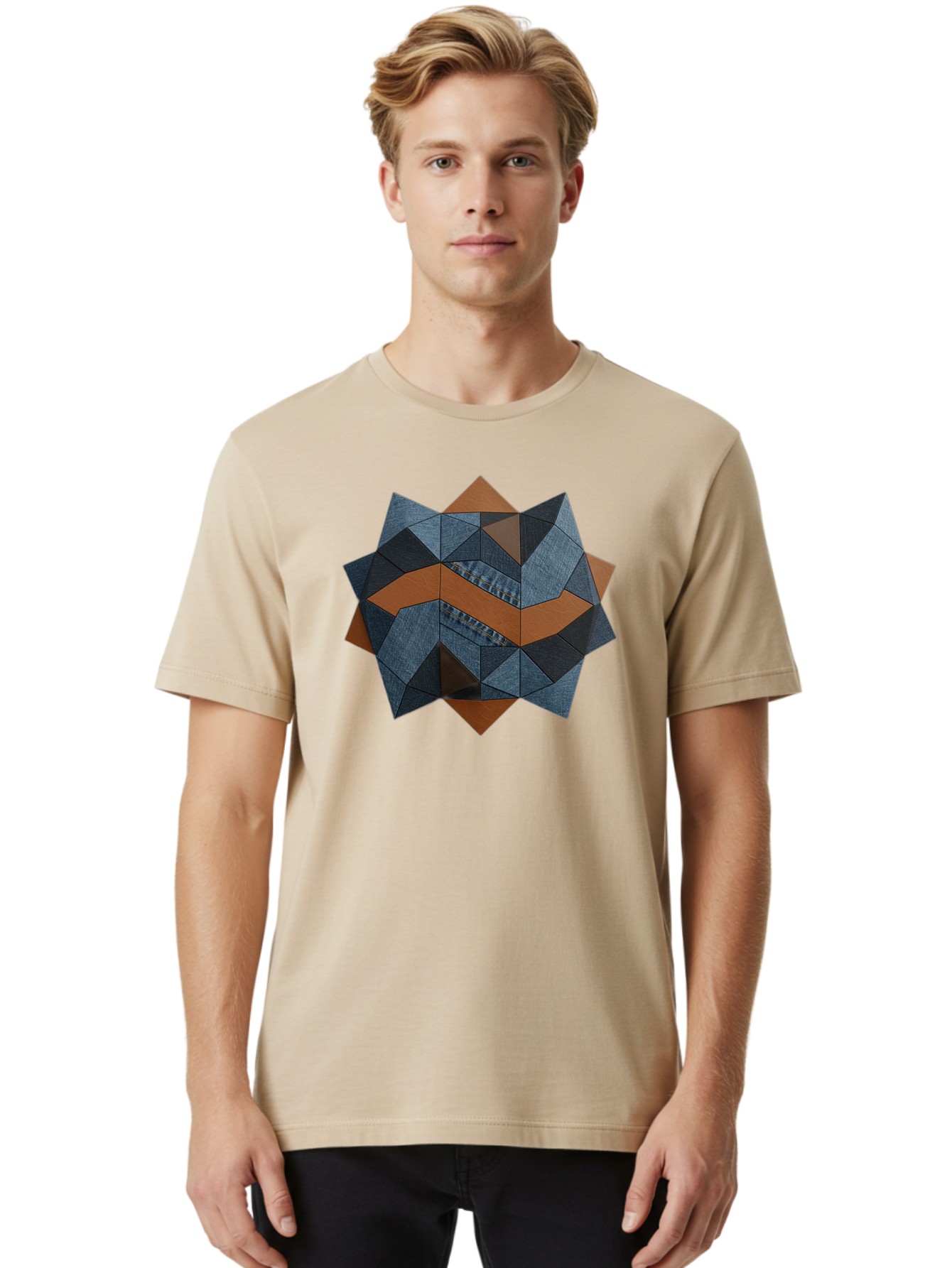 Geometric-Denim-Star Men'S Graphic Tee, 100% Cotton, Comfortable Casual Summer Wear, Machine Washable, Geometric Pattern, Denim Fabric, Abstract Design, Mixed Media Art, Layered Shapes, Blue Denim, Brown Accents, Intricate Details, Bad128