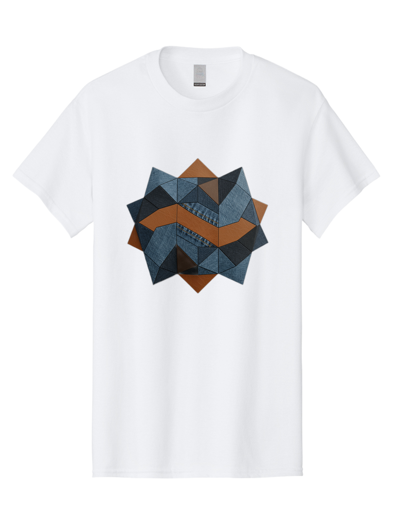 Geometric-Denim-Star Men'S Graphic Tee, 100% Cotton, Comfortable Casual Summer Wear, Machine Washable, Geometric Pattern, Denim Fabric, Abstract Design, Mixed Media Art, Layered Shapes, Blue Denim, Brown Accents, Intricate Details, Bad128