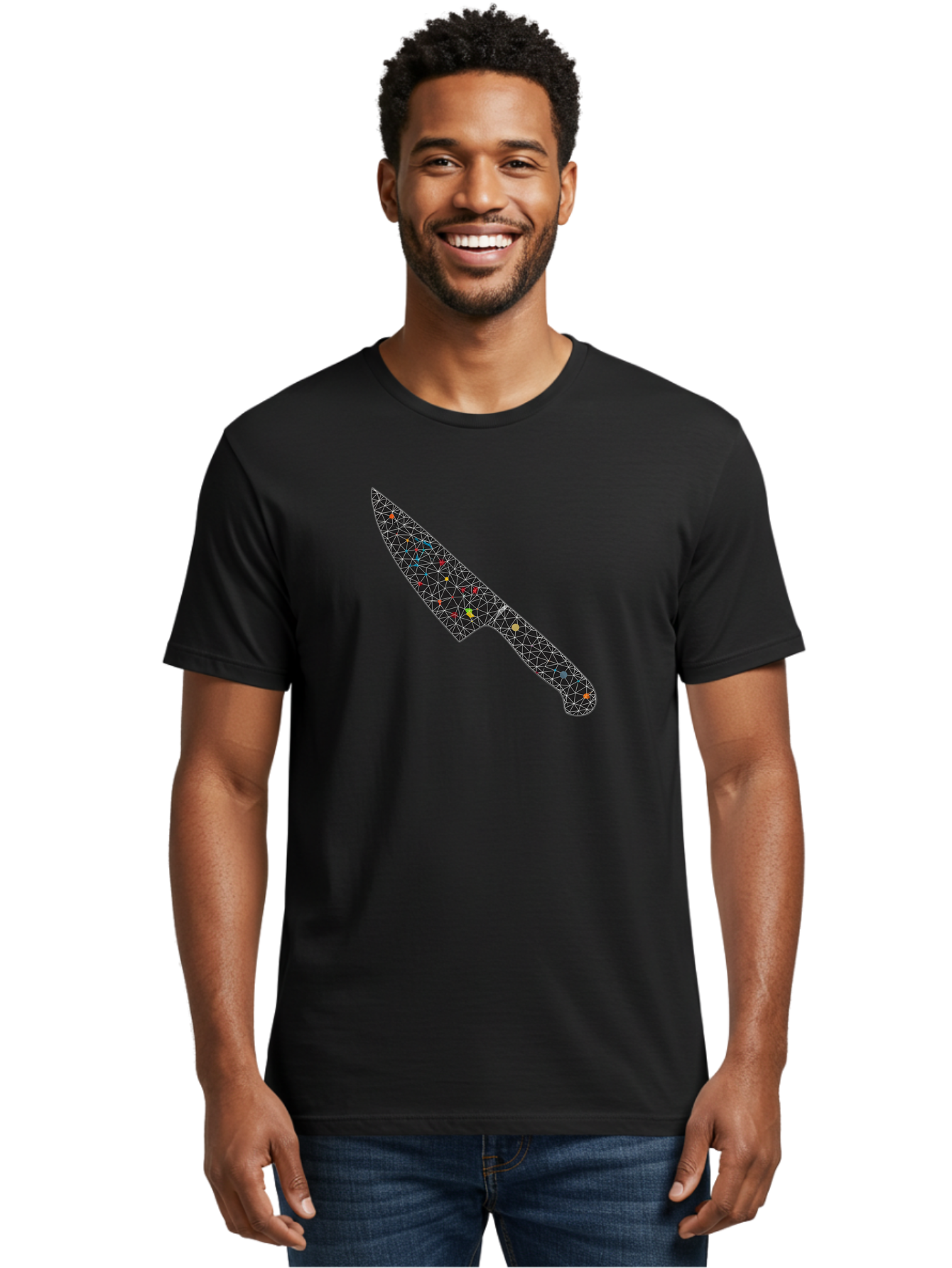 Geometric-Knife Men'S Graphic Tee, 100% Cotton, Comfortable Casual Summer Wear, Machine Washable, Low Poly Knife, Geometric Pattern, 3D Design, Colorful Accents, Modern Style, Abstract Art, Futuristic Look, Sharp Edge, Digital Illustration Bad129