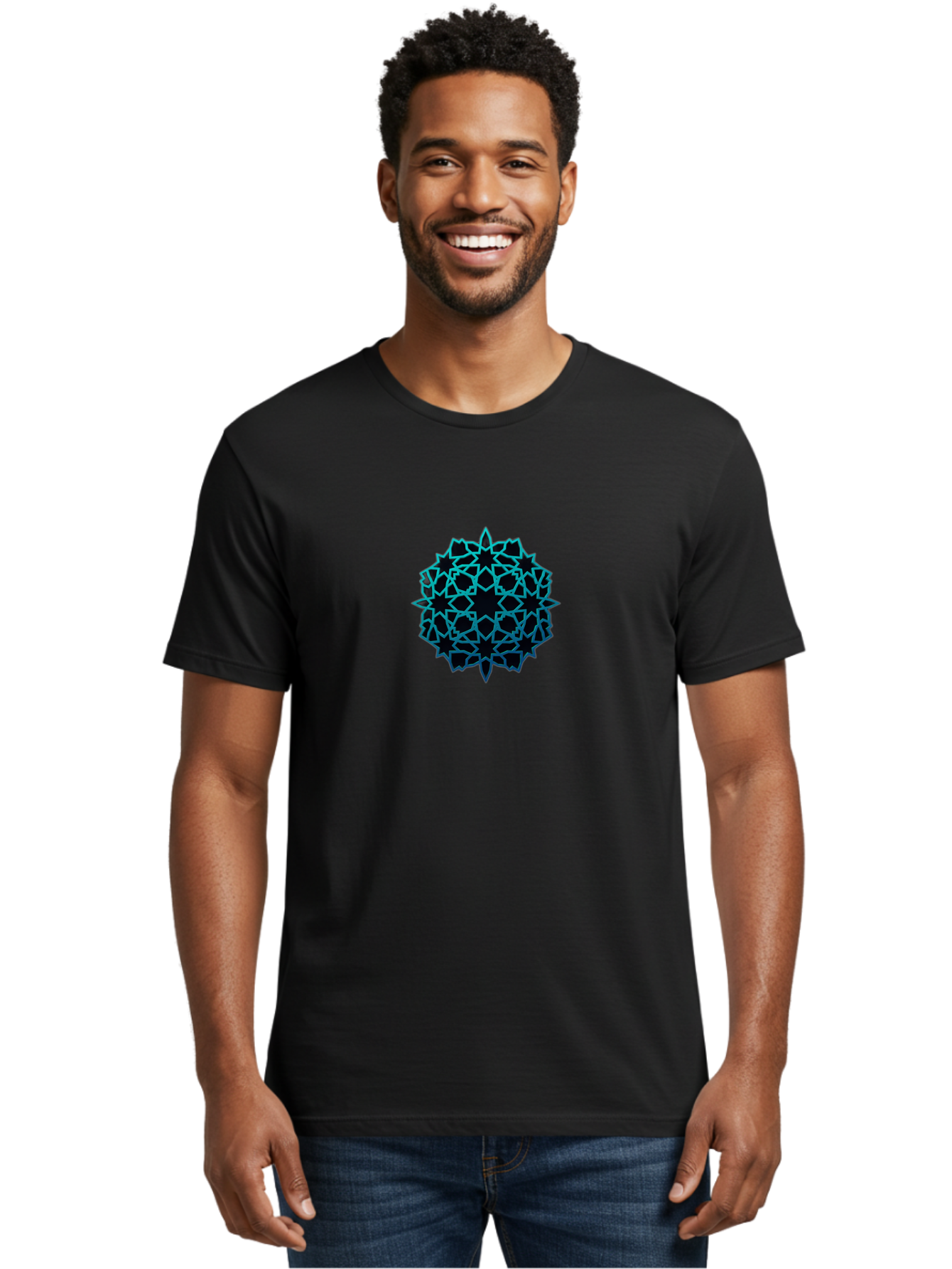 Geometric-Pattern Men'S Graphic Tee, 100% Cotton, Comfortable Casual Summer Wear, Machine Washable, Geometric Pattern, Intricate Design, Arabesque, Turquoise And Black, Symmetrical Shapes, Ornate Details, Abstract Art, Modern Decor Bad130