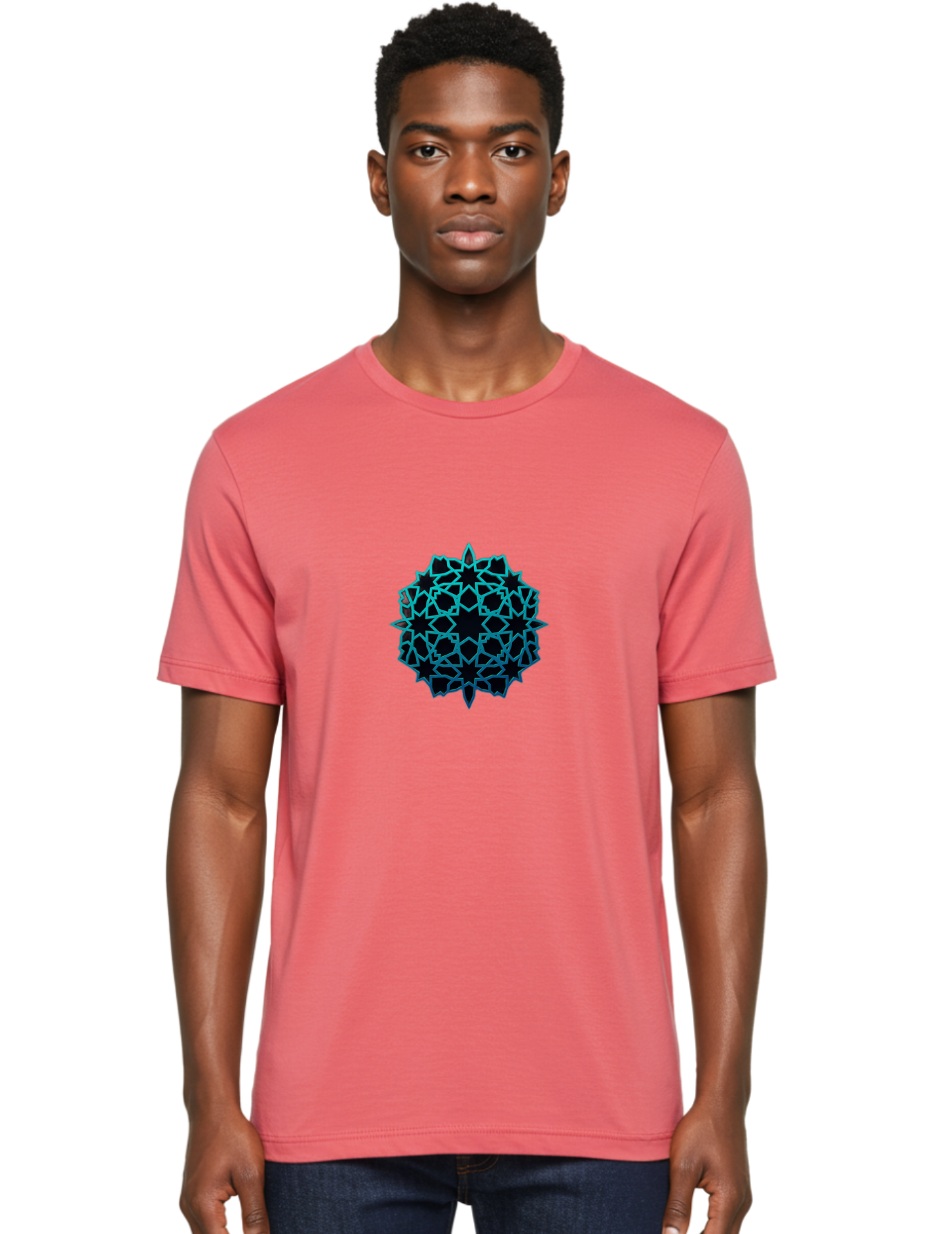 Geometric-Pattern Men'S Graphic Tee, 100% Cotton, Comfortable Casual Summer Wear, Machine Washable, Geometric Pattern, Intricate Design, Arabesque, Turquoise And Black, Symmetrical Shapes, Ornate Details, Abstract Art, Modern Decor Bad130