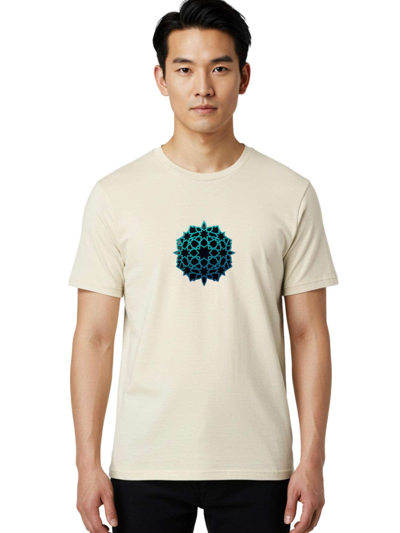 Geometric-Pattern Men'S Graphic Tee, 100% Cotton, Comfortable Casual Summer Wear, Machine Washable, Geometric Pattern, Intricate Design, Arabesque, Turquoise And Black, Symmetrical Shapes, Ornate Details, Abstract Art, Modern Decor Bad130