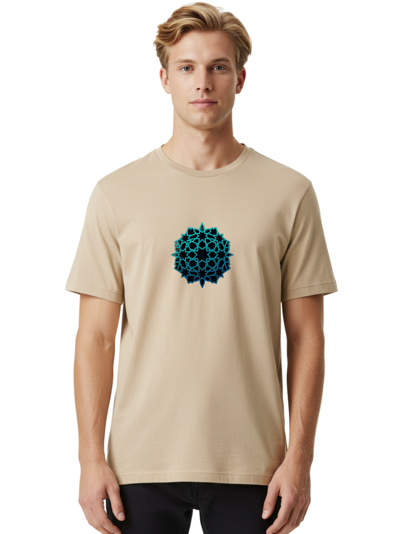 Geometric-Pattern Men'S Graphic Tee, 100% Cotton, Comfortable Casual Summer Wear, Machine Washable, Geometric Pattern, Intricate Design, Arabesque, Turquoise And Black, Symmetrical Shapes, Ornate Details, Abstract Art, Modern Decor Bad130