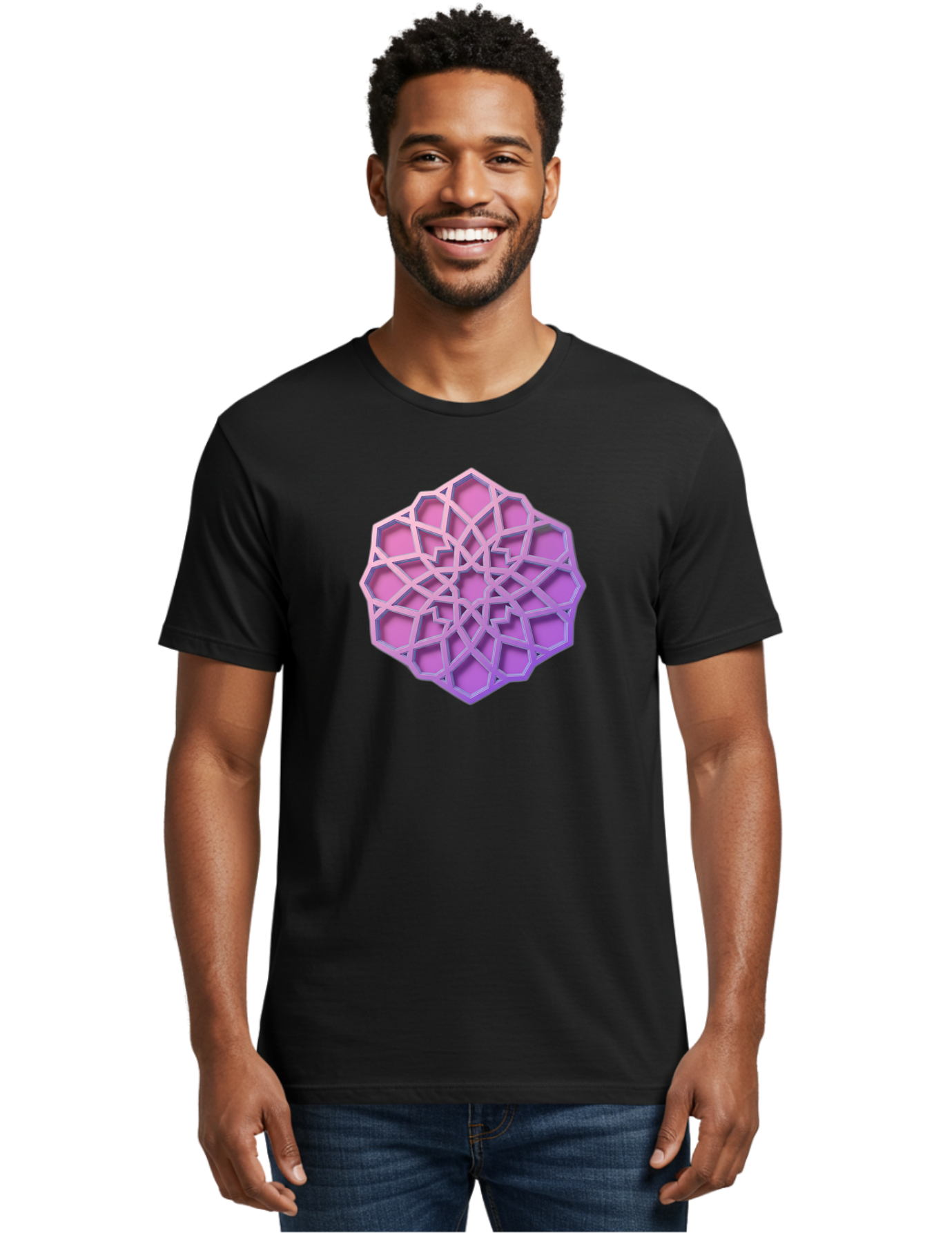 Geometric-Shape Men'S Graphic Tee, 100% Cotton, Comfortable Casual Summer Wear, Machine Washable, Geometric Shape, 3D Design, Pink And Purple Gradations, Intricate Patterns, Abstract Art, Layered Structures, Digital Rendering, Bad131