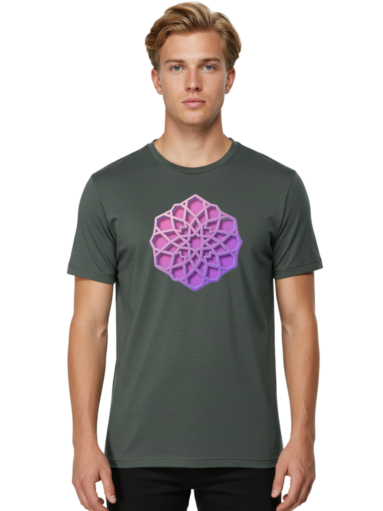 Geometric-Shape Men'S Graphic Tee, 100% Cotton, Comfortable Casual Summer Wear, Machine Washable, Geometric Shape, 3D Design, Pink And Purple Gradations, Intricate Patterns, Abstract Art, Layered Structures, Digital Rendering, Bad131