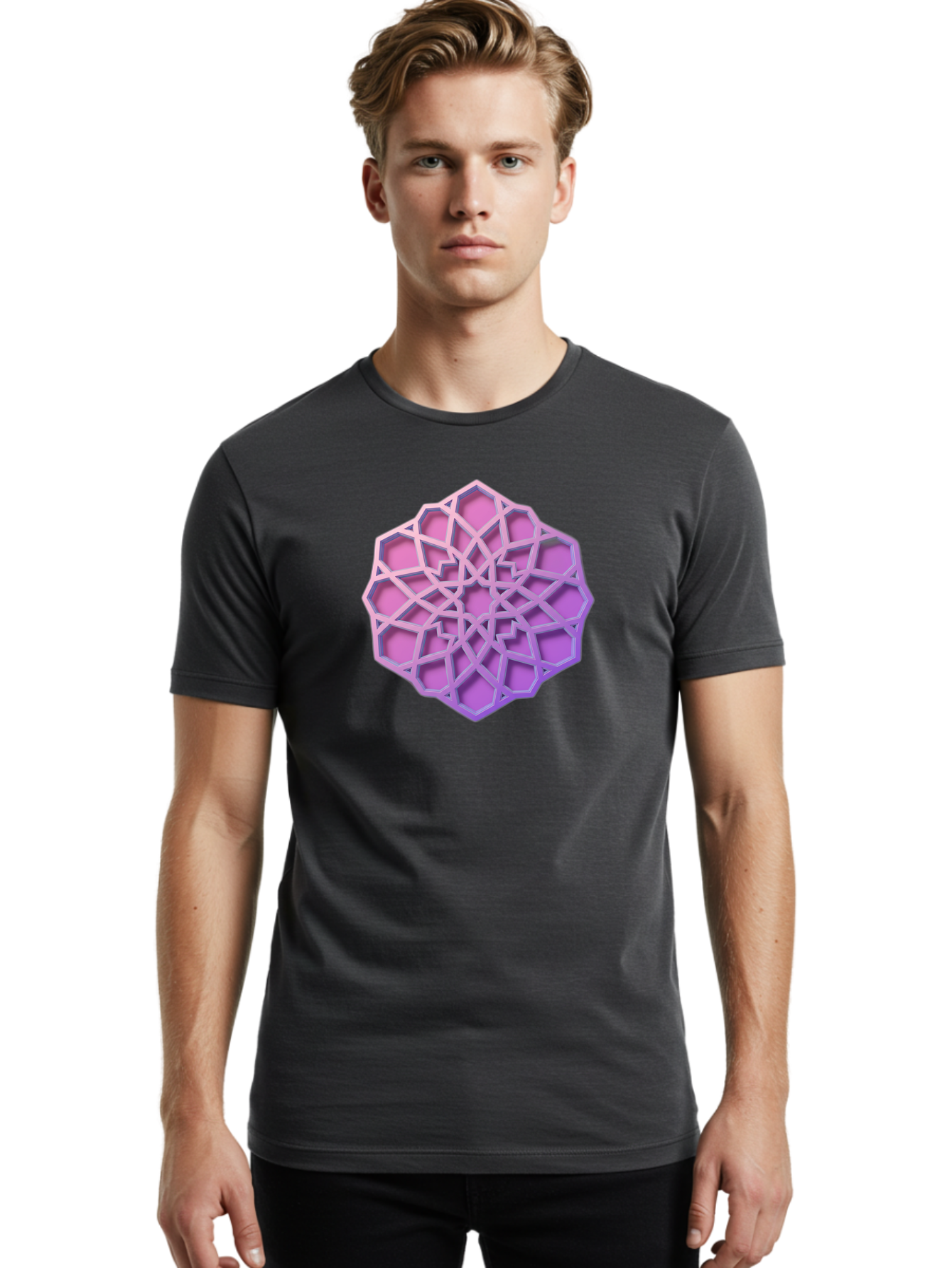 Geometric-Shape Men'S Graphic Tee, 100% Cotton, Comfortable Casual Summer Wear, Machine Washable, Geometric Shape, 3D Design, Pink And Purple Gradations, Intricate Patterns, Abstract Art, Layered Structures, Digital Rendering, Bad131