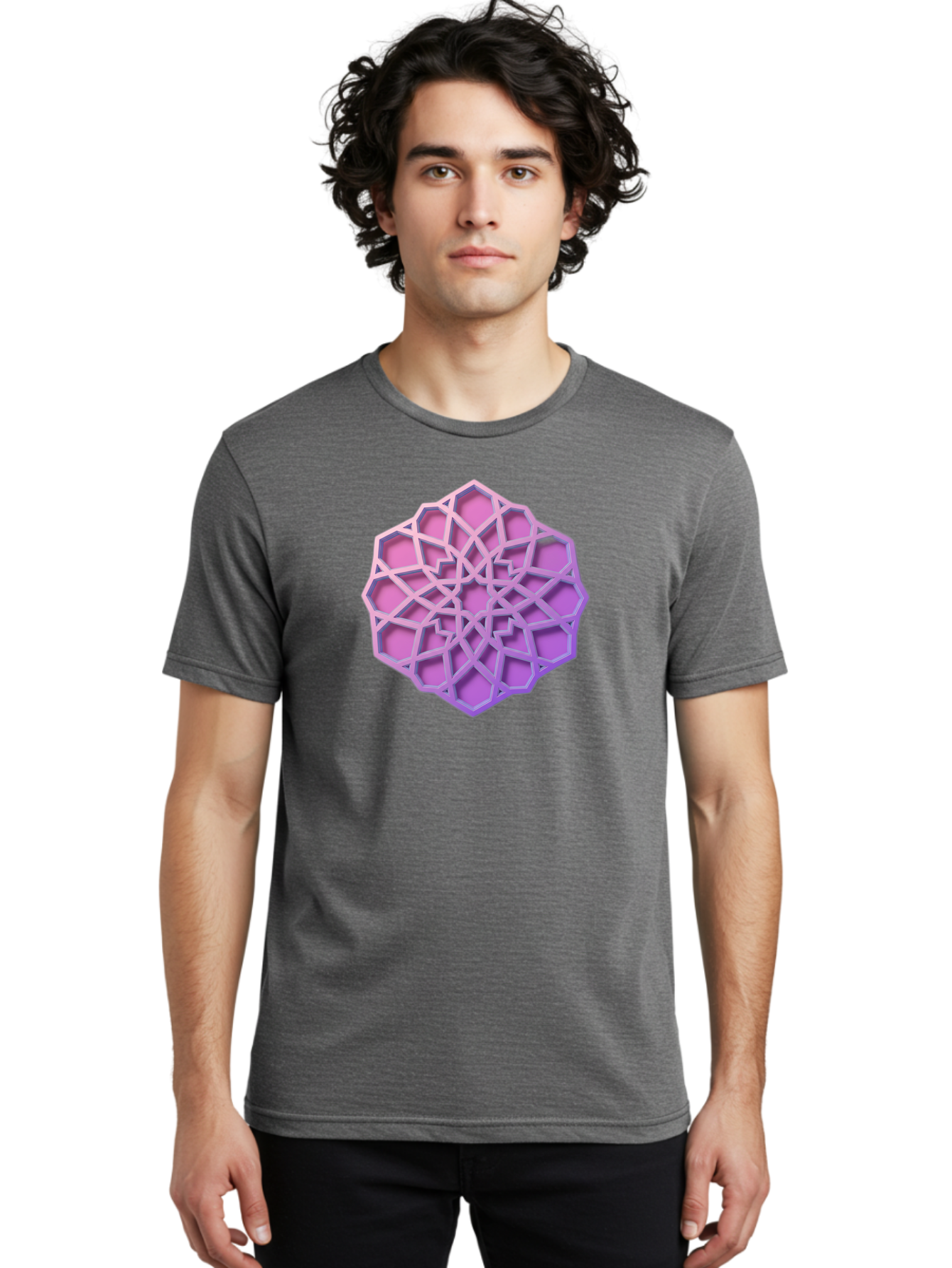 Geometric-Shape Men'S Graphic Tee, 100% Cotton, Comfortable Casual Summer Wear, Machine Washable, Geometric Shape, 3D Design, Pink And Purple Gradations, Intricate Patterns, Abstract Art, Layered Structures, Digital Rendering, Bad131