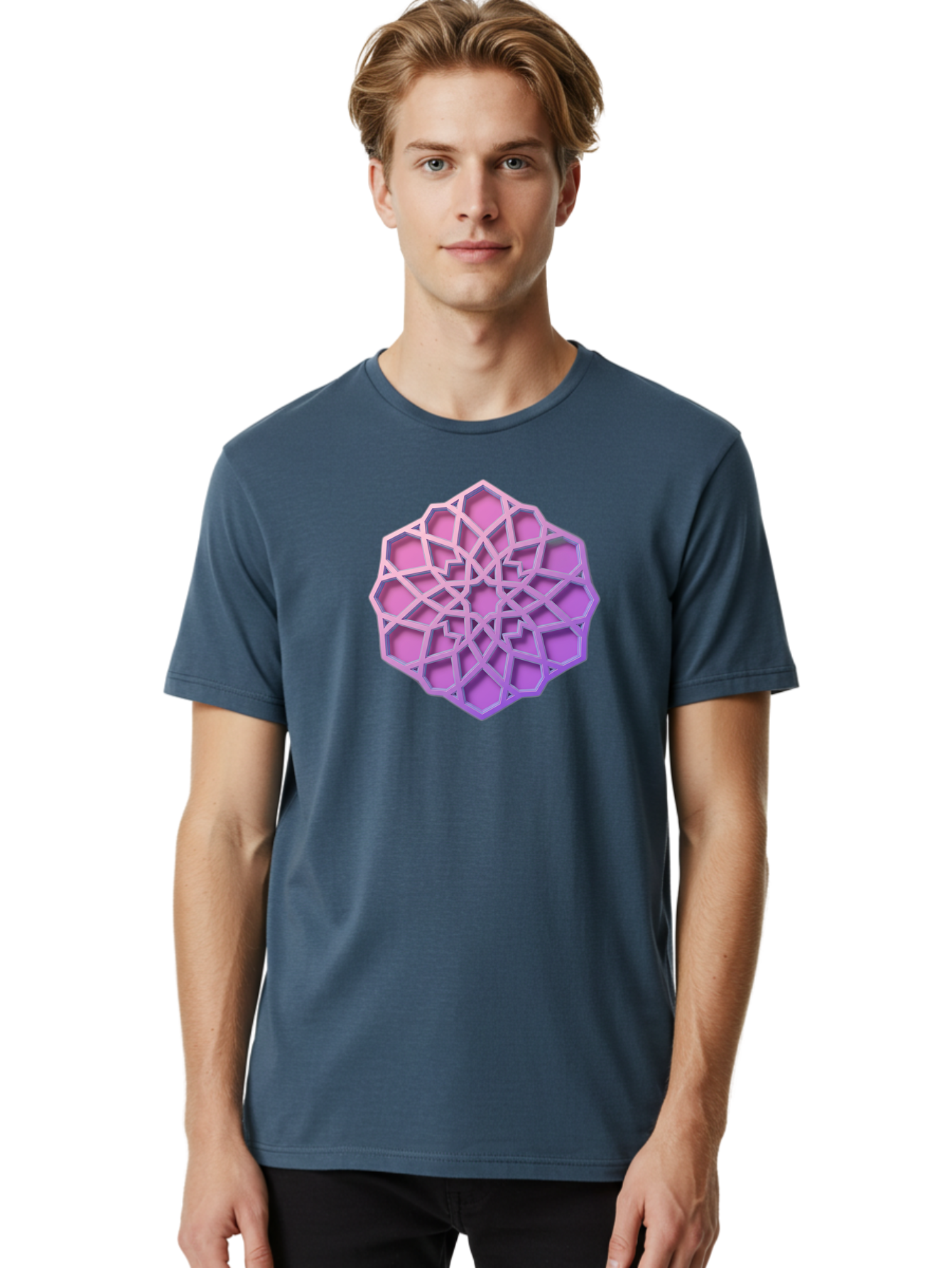 Geometric-Shape Men'S Graphic Tee, 100% Cotton, Comfortable Casual Summer Wear, Machine Washable, Geometric Shape, 3D Design, Pink And Purple Gradations, Intricate Patterns, Abstract Art, Layered Structures, Digital Rendering, Bad131