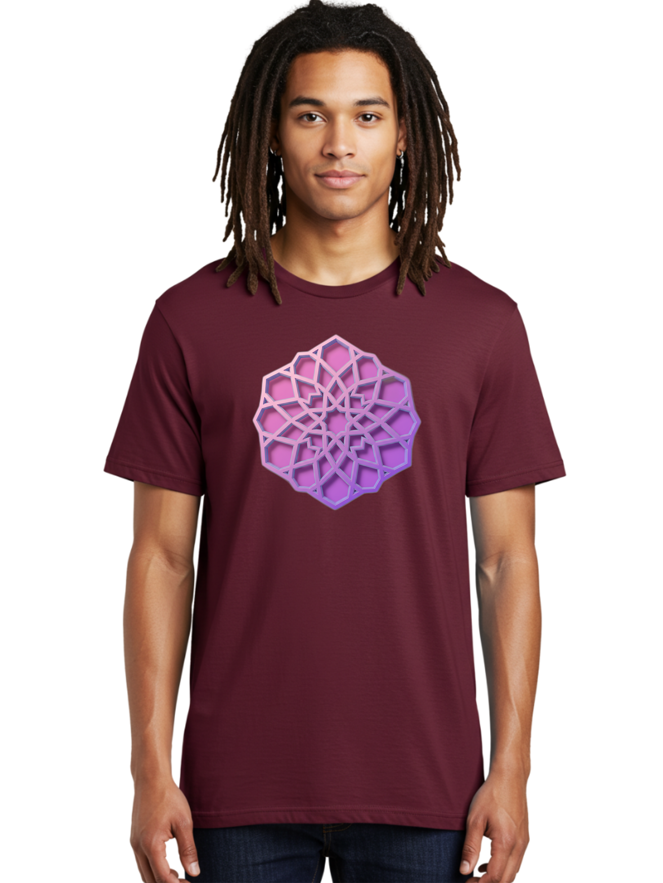 Geometric-Shape Men'S Graphic Tee, 100% Cotton, Comfortable Casual Summer Wear, Machine Washable, Geometric Shape, 3D Design, Pink And Purple Gradations, Intricate Patterns, Abstract Art, Layered Structures, Digital Rendering, Bad131