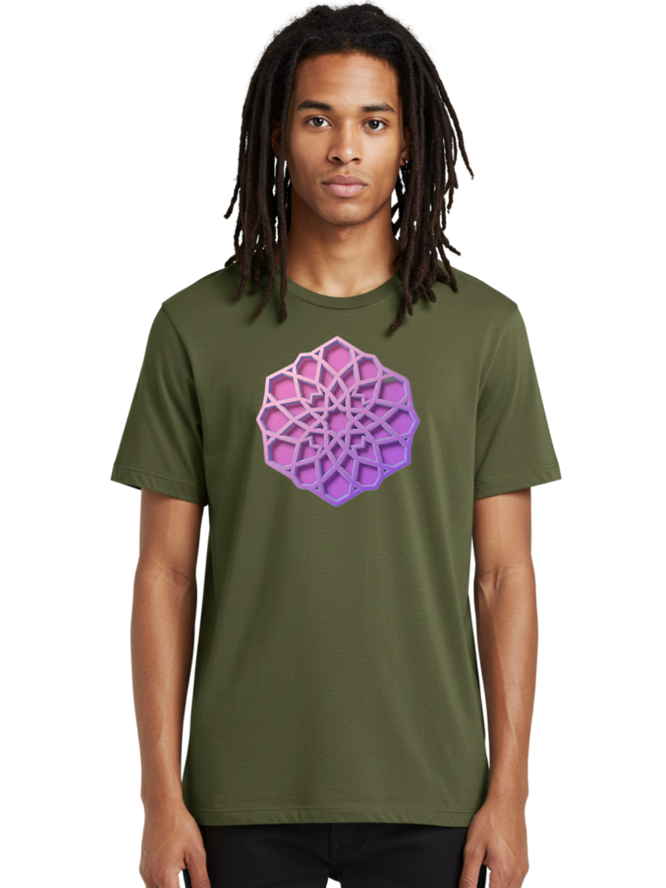 Geometric-Shape Men'S Graphic Tee, 100% Cotton, Comfortable Casual Summer Wear, Machine Washable, Geometric Shape, 3D Design, Pink And Purple Gradations, Intricate Patterns, Abstract Art, Layered Structures, Digital Rendering, Bad131