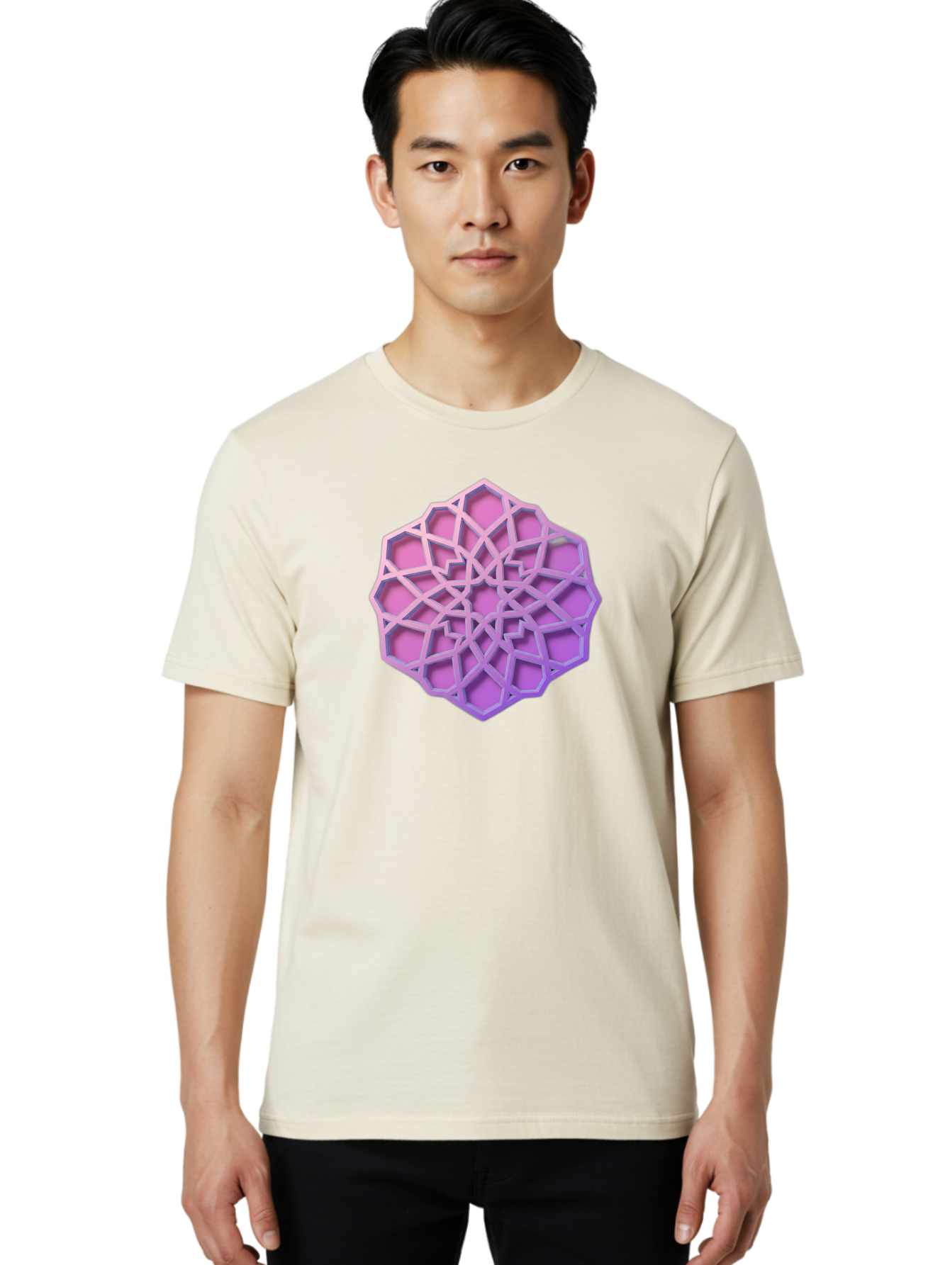 Geometric-Shape Men'S Graphic Tee, 100% Cotton, Comfortable Casual Summer Wear, Machine Washable, Geometric Shape, 3D Design, Pink And Purple Gradations, Intricate Patterns, Abstract Art, Layered Structures, Digital Rendering, Bad131