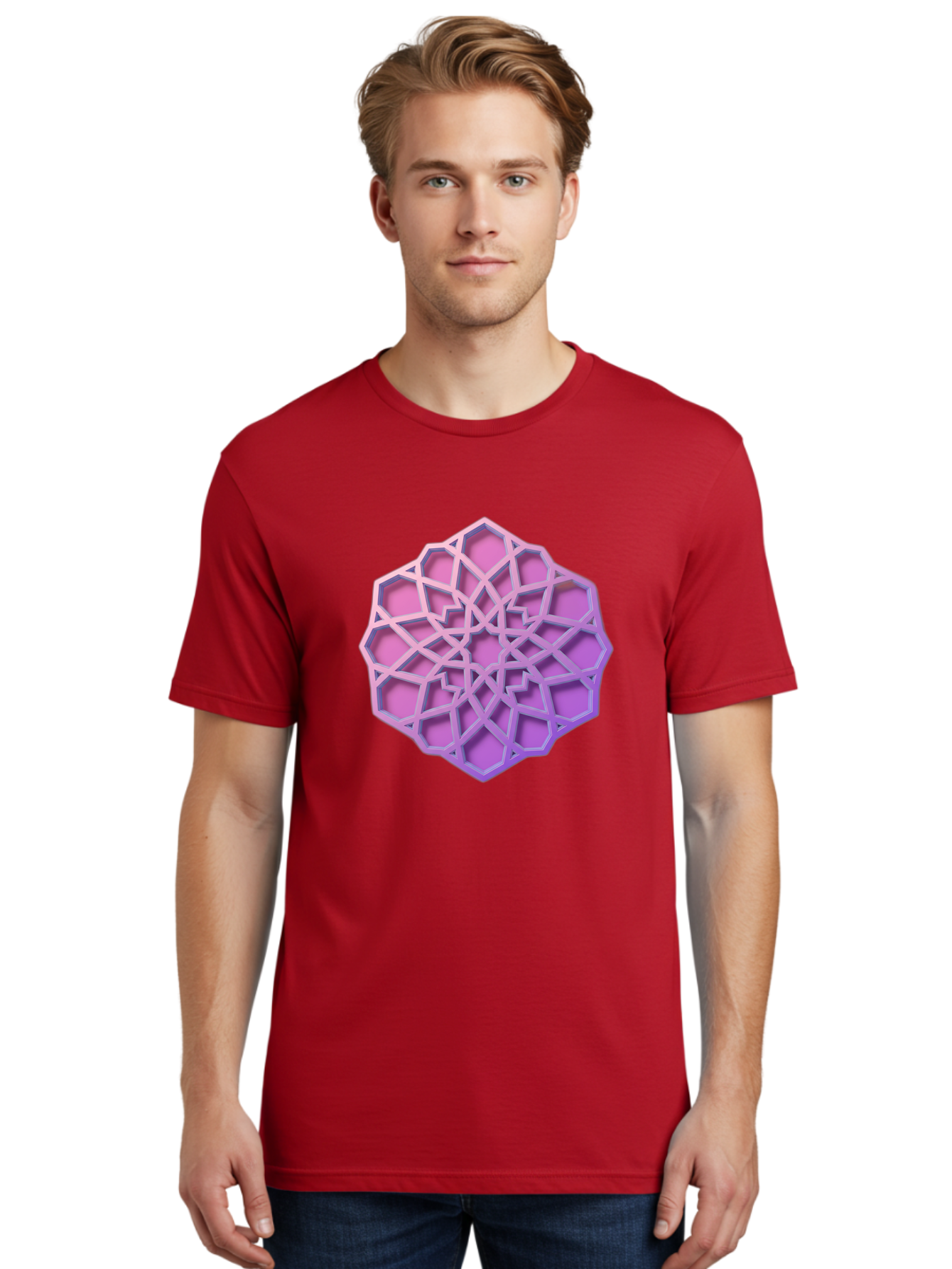 Geometric-Shape Men'S Graphic Tee, 100% Cotton, Comfortable Casual Summer Wear, Machine Washable, Geometric Shape, 3D Design, Pink And Purple Gradations, Intricate Patterns, Abstract Art, Layered Structures, Digital Rendering, Bad131