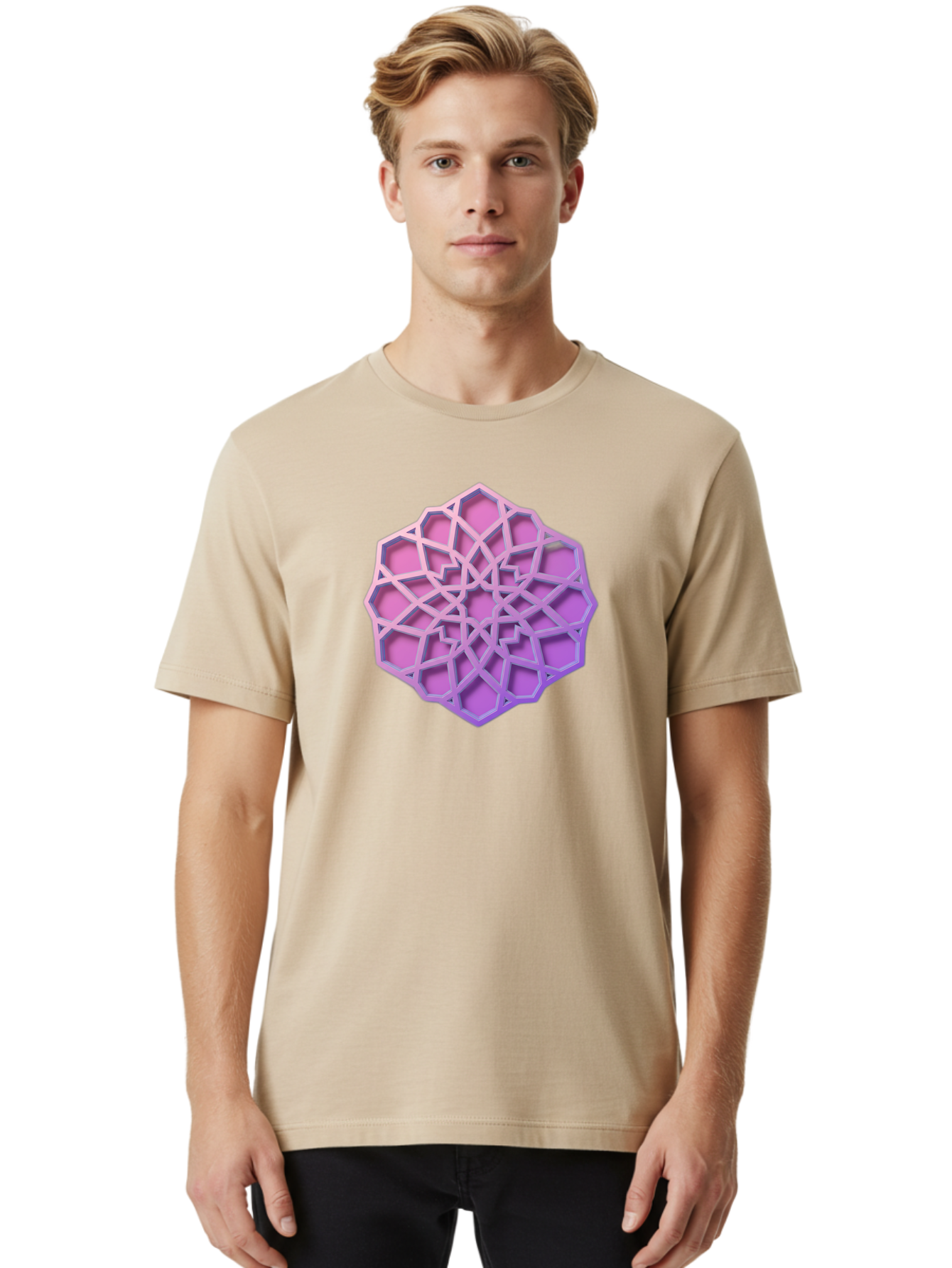 Geometric-Shape Men'S Graphic Tee, 100% Cotton, Comfortable Casual Summer Wear, Machine Washable, Geometric Shape, 3D Design, Pink And Purple Gradations, Intricate Patterns, Abstract Art, Layered Structures, Digital Rendering, Bad131
