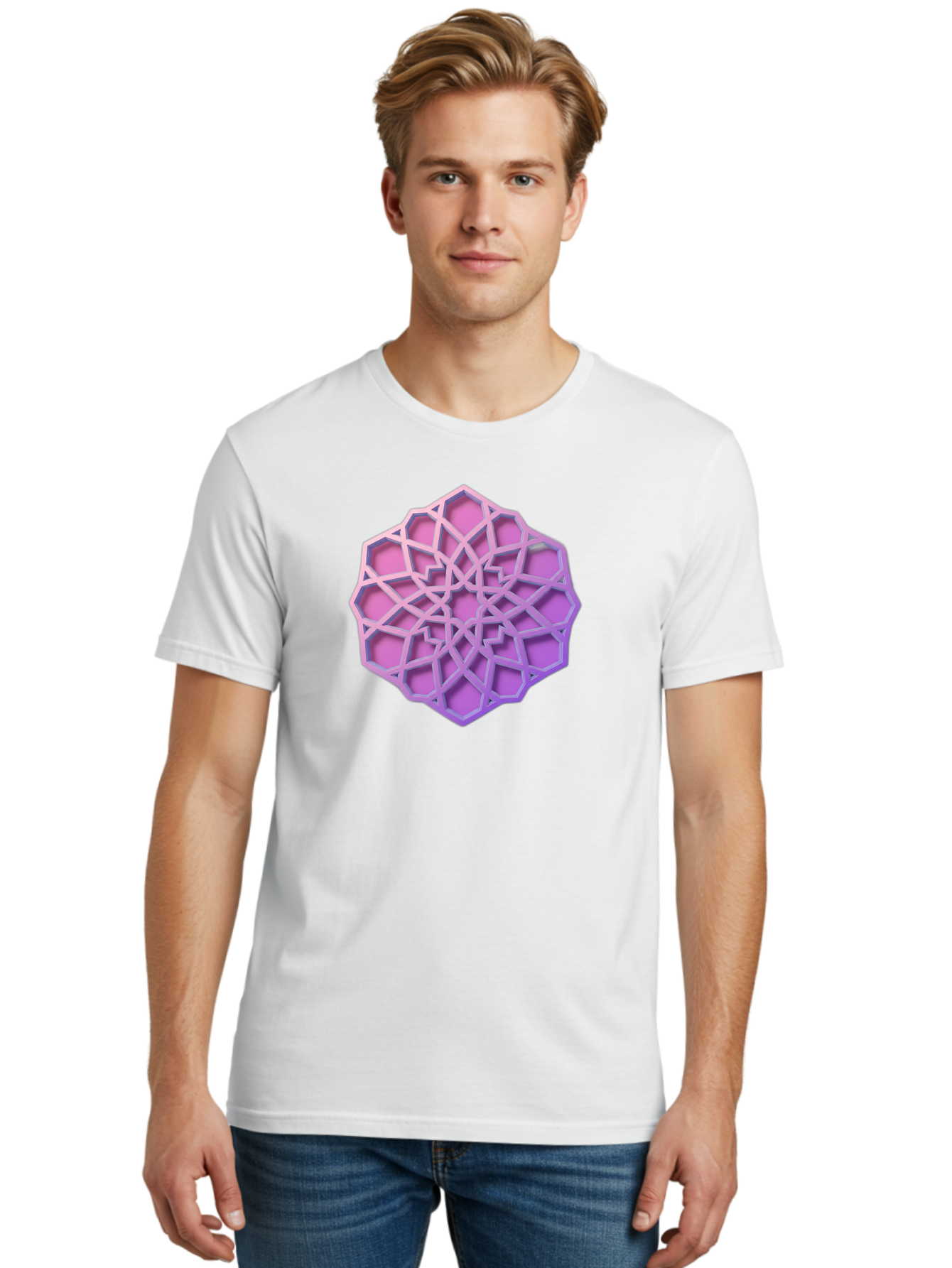 Geometric-Shape Men'S Graphic Tee, 100% Cotton, Comfortable Casual Summer Wear, Machine Washable, Geometric Shape, 3D Design, Pink And Purple Gradations, Intricate Patterns, Abstract Art, Layered Structures, Digital Rendering, Bad131
