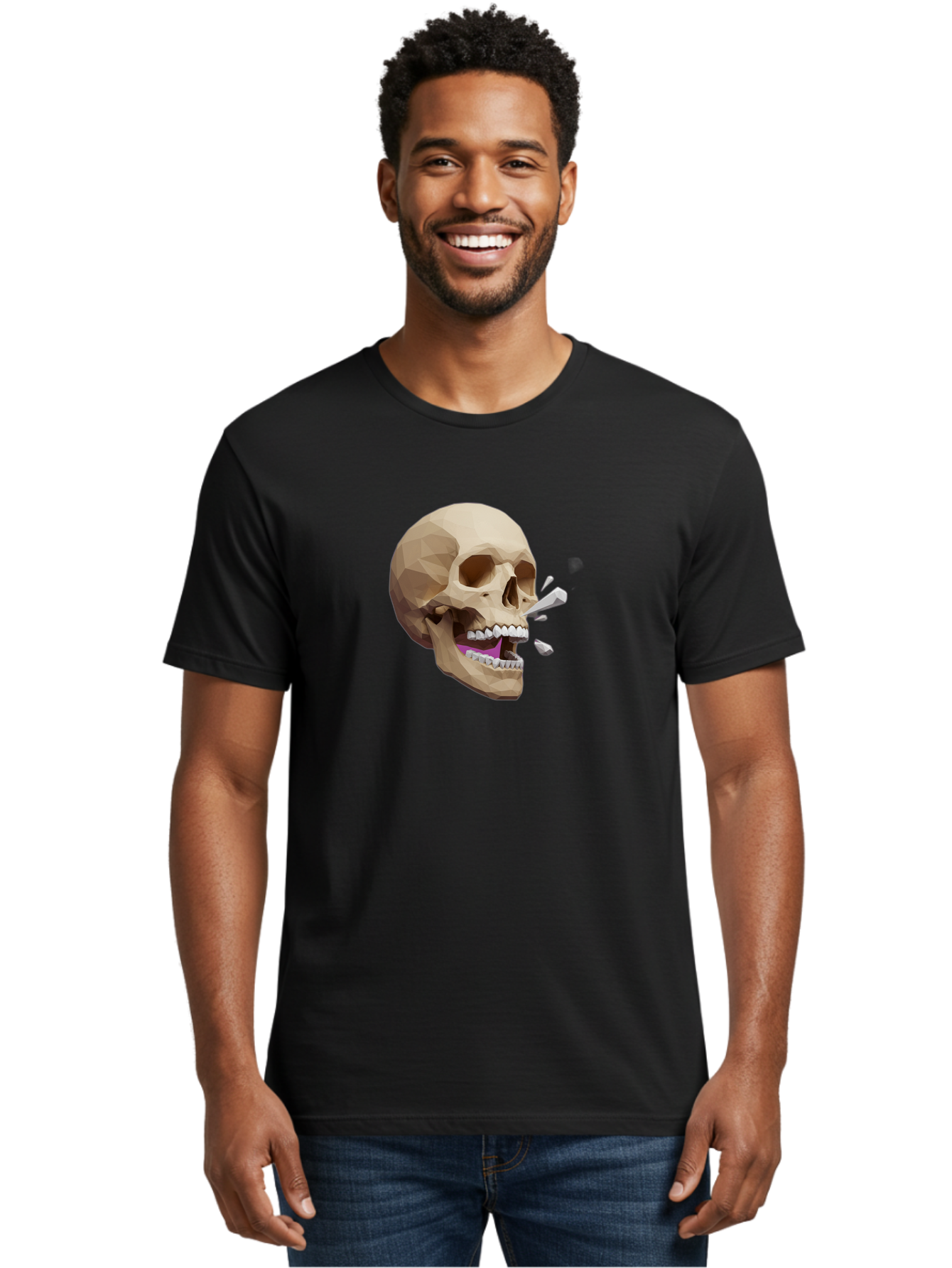Geometric-Skull Men'S Graphic Tee, 100% Cotton, Comfortable Casual Summer Wear, Machine Washable, Low Poly Skull, 3D Art, Digital Illustration, Broken Tooth, Exploding Tooth, Human Skull, Anatomical Art, Polygon Art, Modern Design, Bad132