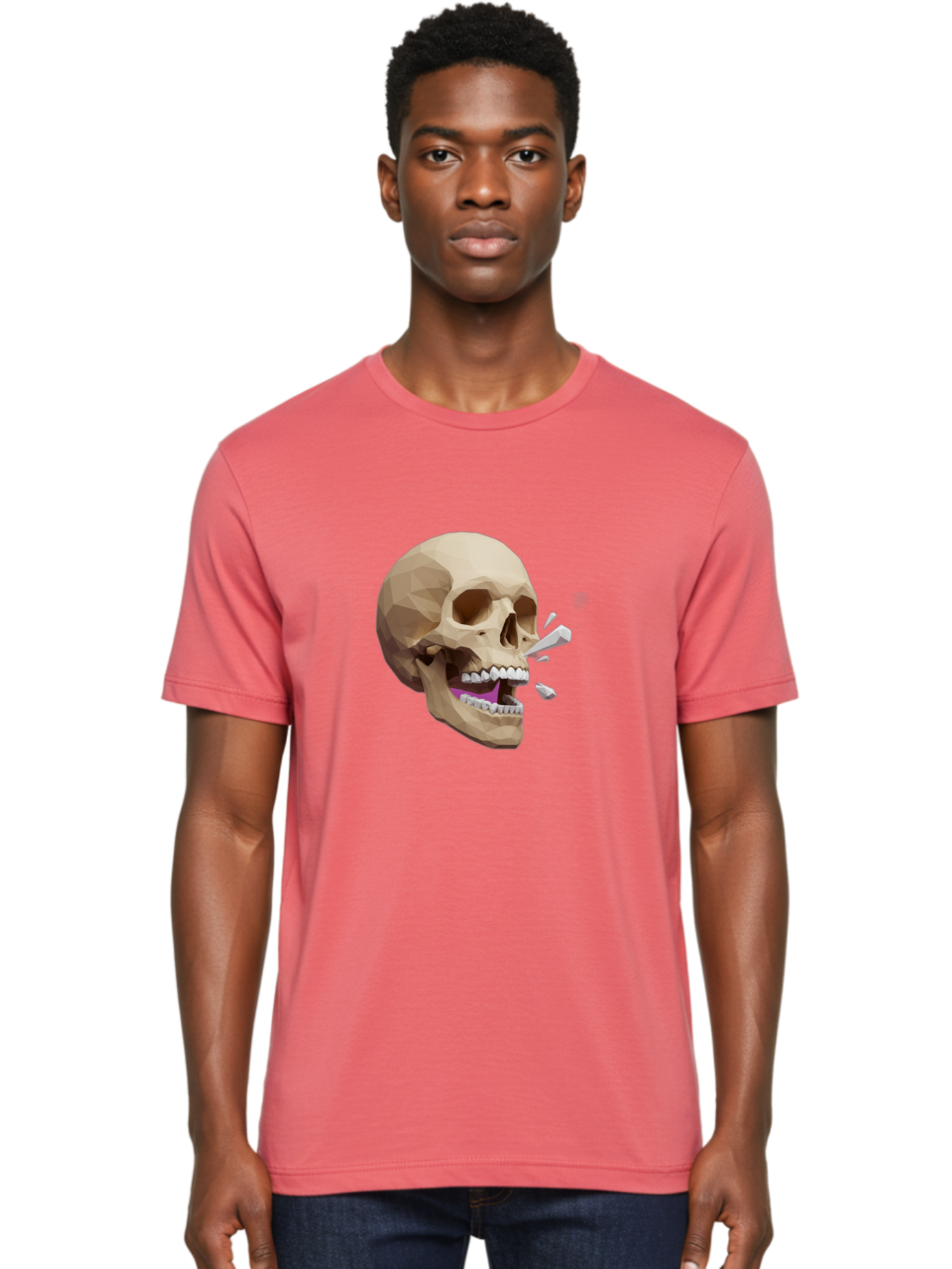 Geometric-Skull Men'S Graphic Tee, 100% Cotton, Comfortable Casual Summer Wear, Machine Washable, Low Poly Skull, 3D Art, Digital Illustration, Broken Tooth, Exploding Tooth, Human Skull, Anatomical Art, Polygon Art, Modern Design, Bad132