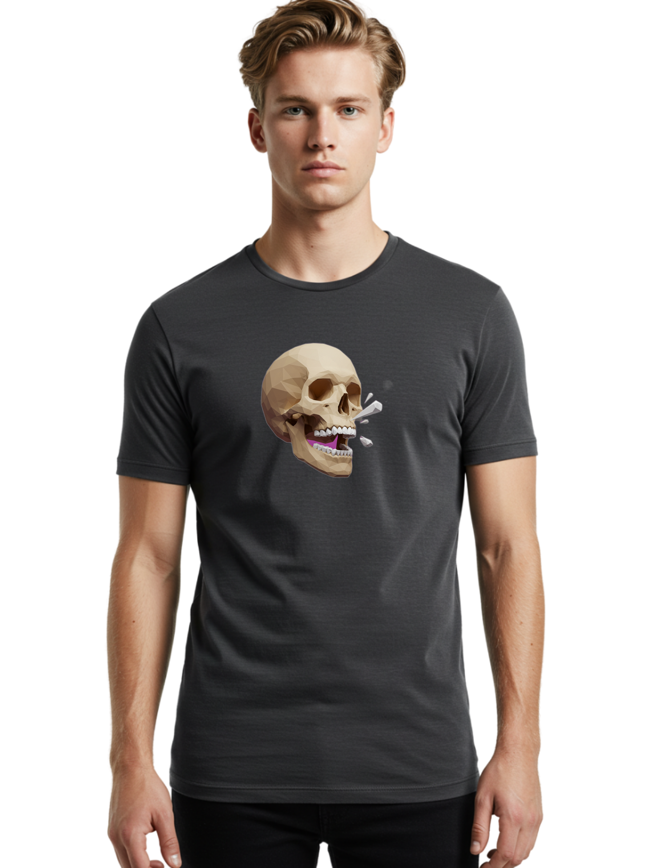 Geometric-Skull Men'S Graphic Tee, 100% Cotton, Comfortable Casual Summer Wear, Machine Washable, Low Poly Skull, 3D Art, Digital Illustration, Broken Tooth, Exploding Tooth, Human Skull, Anatomical Art, Polygon Art, Modern Design, Bad132
