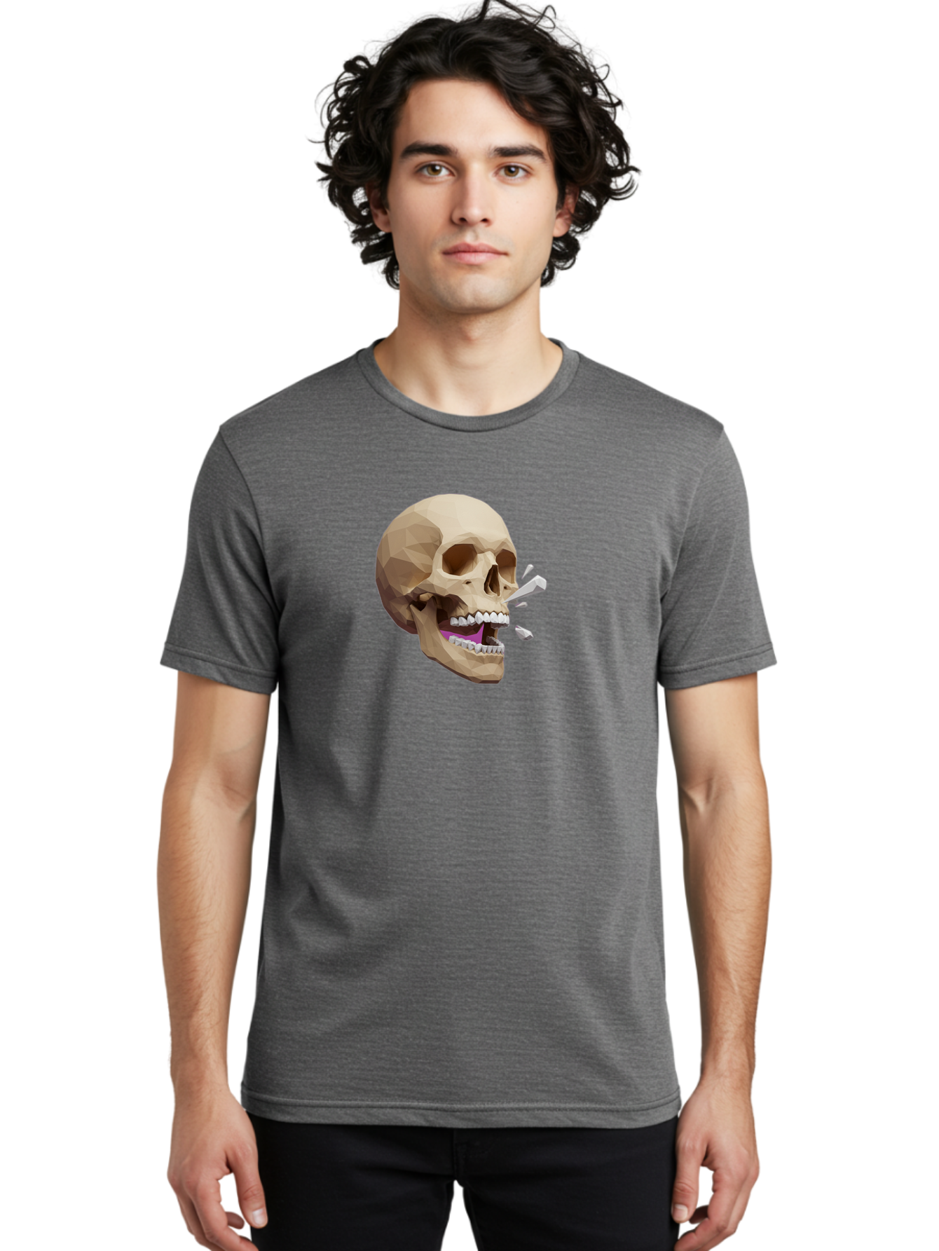Geometric-Skull Men'S Graphic Tee, 100% Cotton, Comfortable Casual Summer Wear, Machine Washable, Low Poly Skull, 3D Art, Digital Illustration, Broken Tooth, Exploding Tooth, Human Skull, Anatomical Art, Polygon Art, Modern Design, Bad132