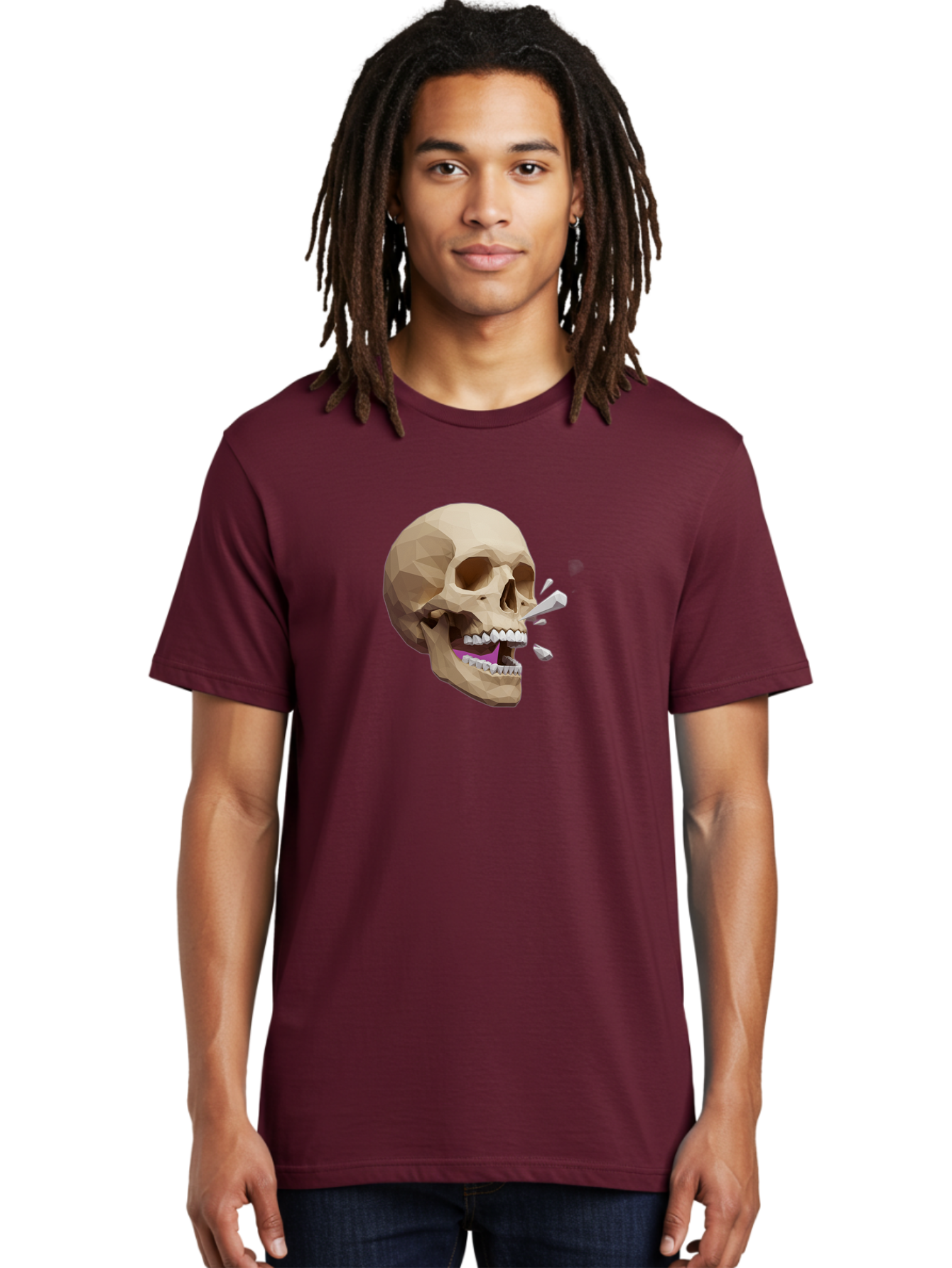 Geometric-Skull Men'S Graphic Tee, 100% Cotton, Comfortable Casual Summer Wear, Machine Washable, Low Poly Skull, 3D Art, Digital Illustration, Broken Tooth, Exploding Tooth, Human Skull, Anatomical Art, Polygon Art, Modern Design, Bad132
