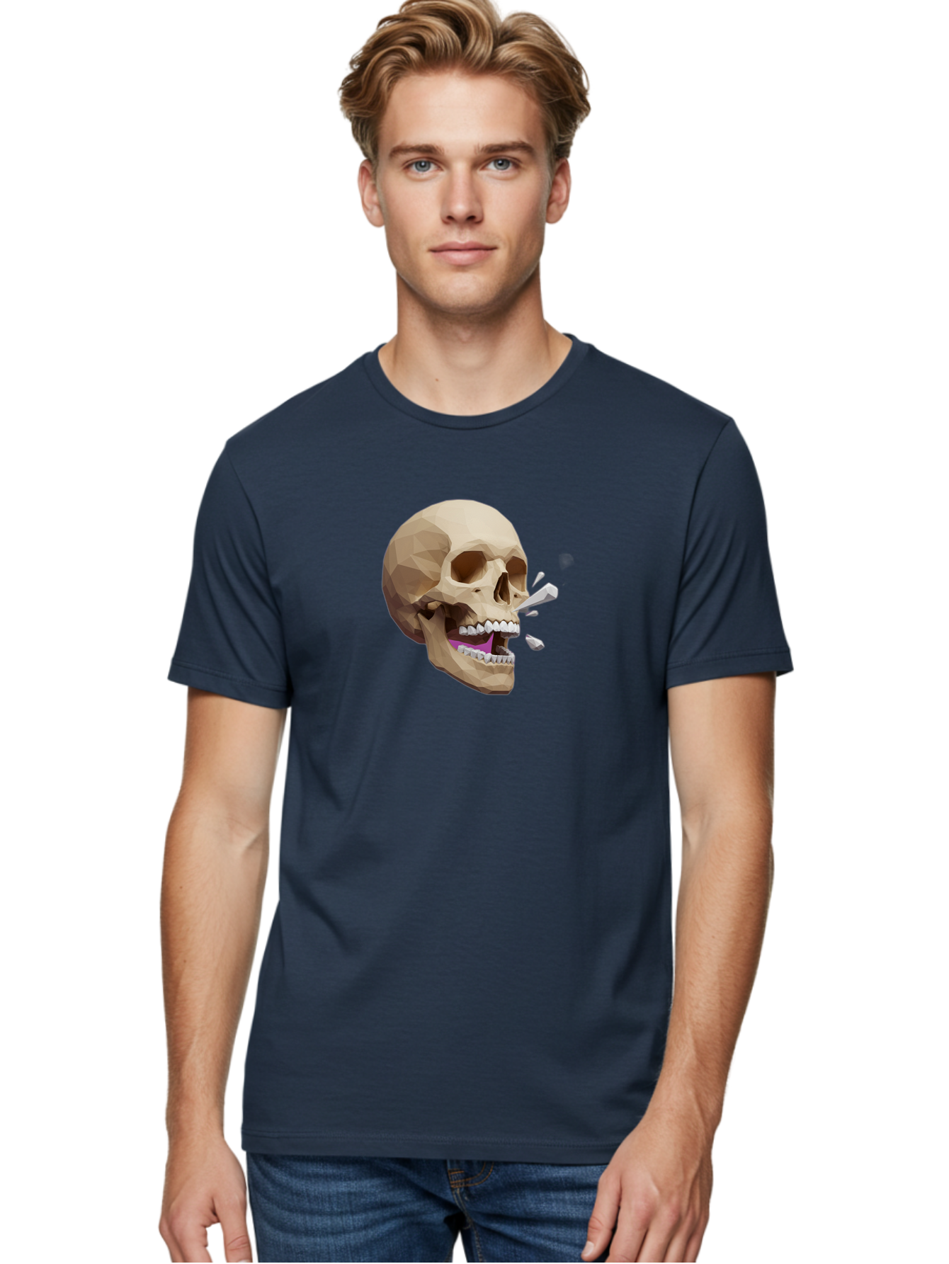 Geometric-Skull Men'S Graphic Tee, 100% Cotton, Comfortable Casual Summer Wear, Machine Washable, Low Poly Skull, 3D Art, Digital Illustration, Broken Tooth, Exploding Tooth, Human Skull, Anatomical Art, Polygon Art, Modern Design, Bad132