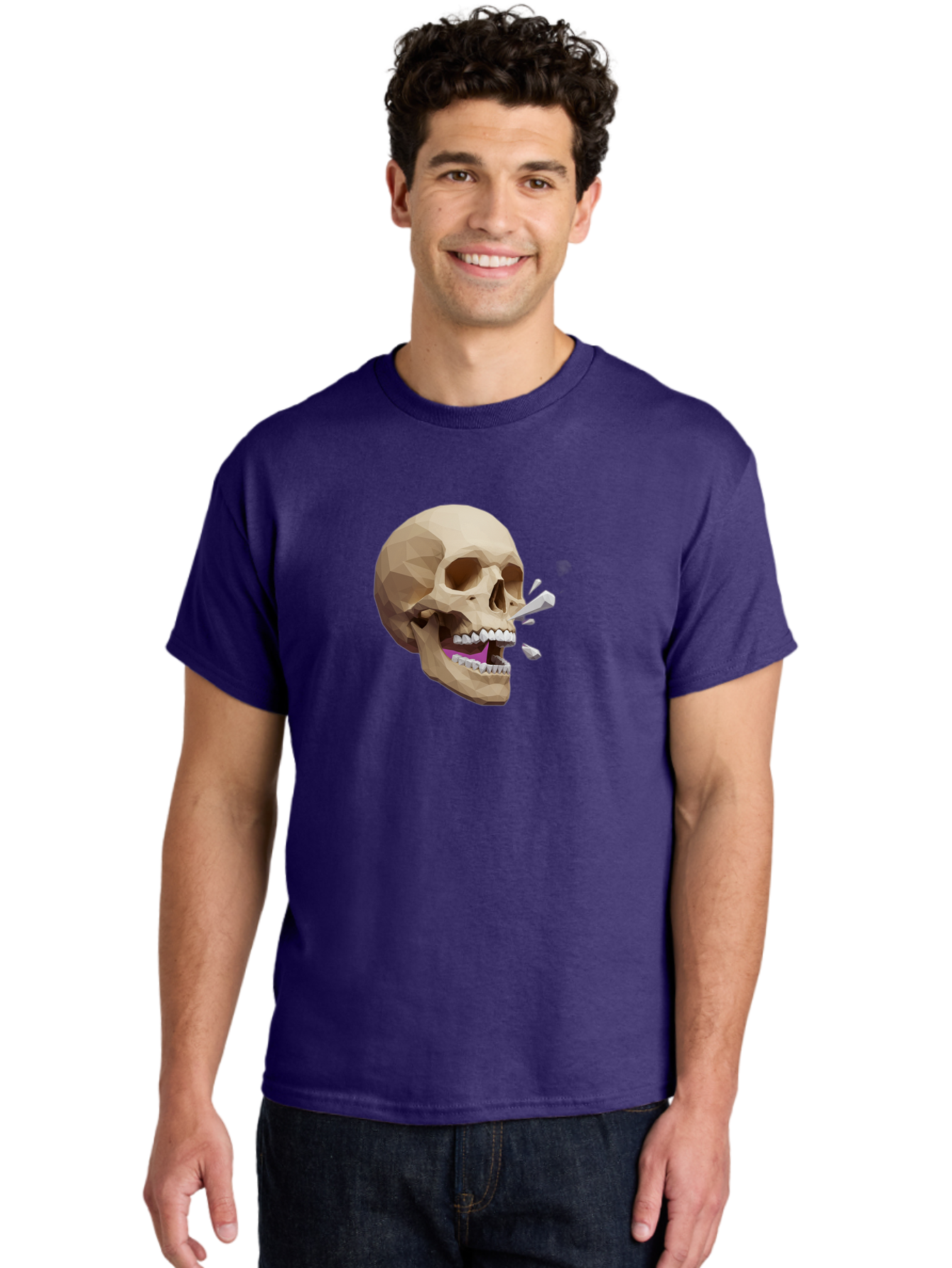Geometric-Skull Men'S Graphic Tee, 100% Cotton, Comfortable Casual Summer Wear, Machine Washable, Low Poly Skull, 3D Art, Digital Illustration, Broken Tooth, Exploding Tooth, Human Skull, Anatomical Art, Polygon Art, Modern Design, Bad132