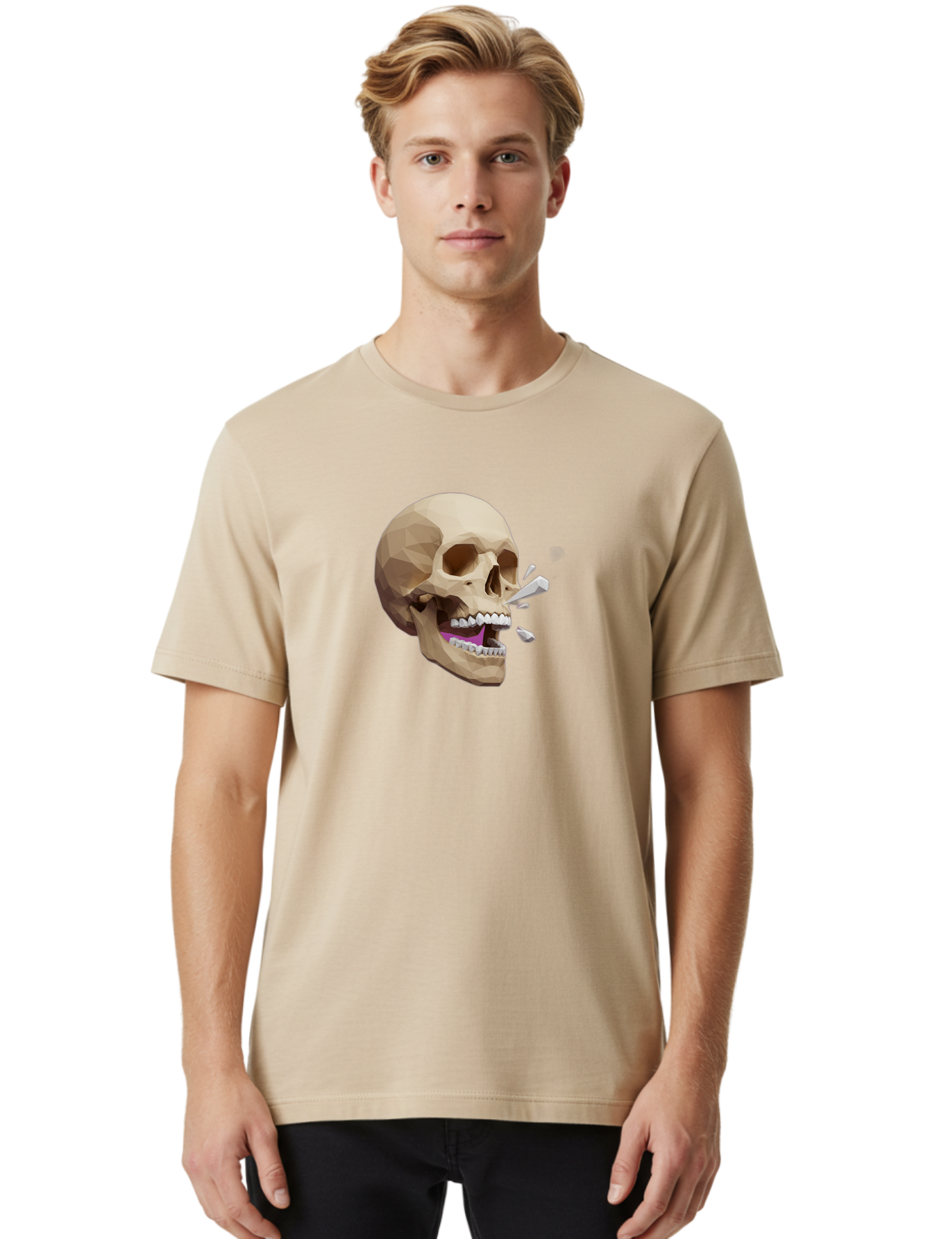Geometric-Skull Men'S Graphic Tee, 100% Cotton, Comfortable Casual Summer Wear, Machine Washable, Low Poly Skull, 3D Art, Digital Illustration, Broken Tooth, Exploding Tooth, Human Skull, Anatomical Art, Polygon Art, Modern Design, Bad132