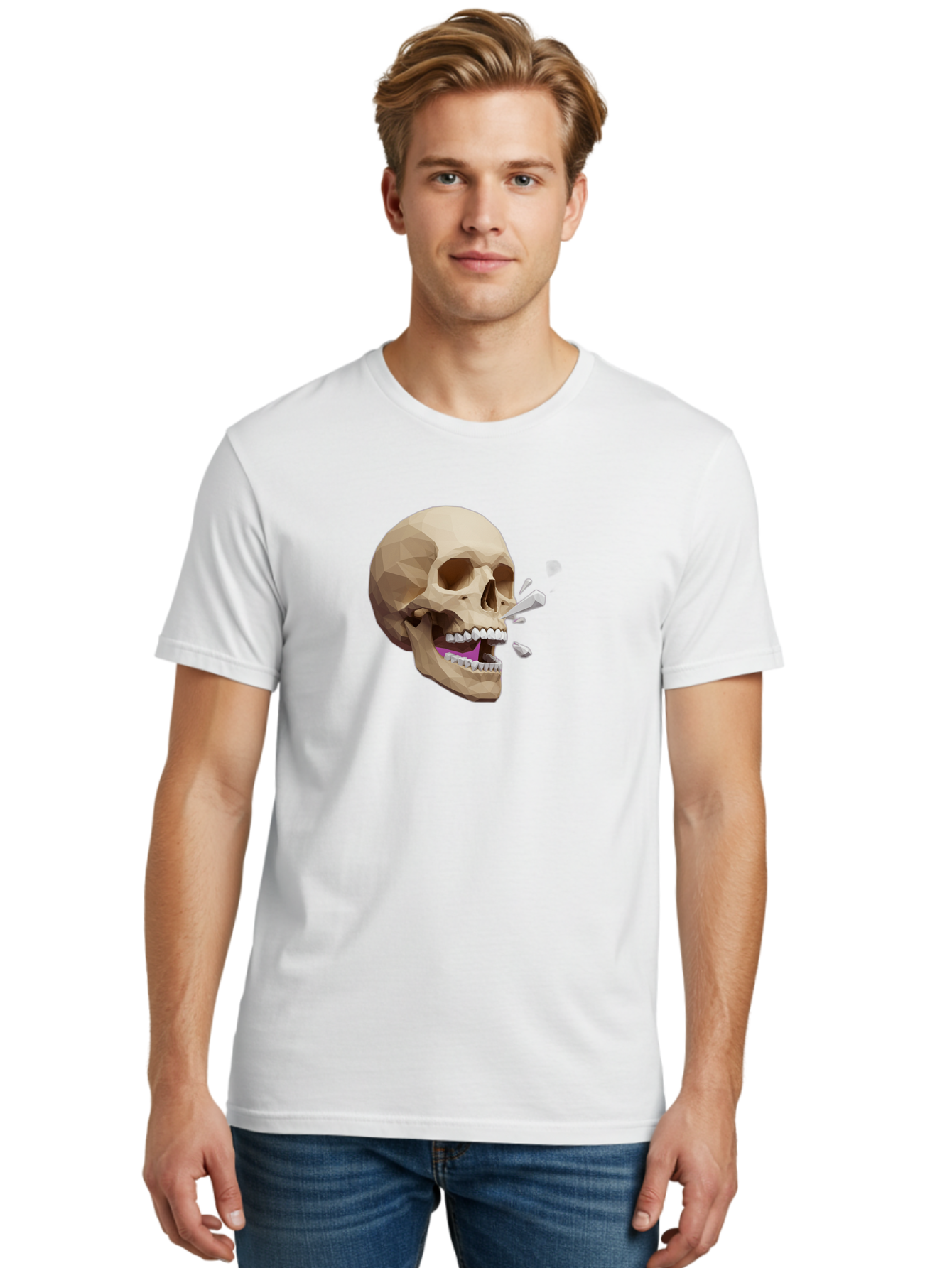 Geometric-Skull Men'S Graphic Tee, 100% Cotton, Comfortable Casual Summer Wear, Machine Washable, Low Poly Skull, 3D Art, Digital Illustration, Broken Tooth, Exploding Tooth, Human Skull, Anatomical Art, Polygon Art, Modern Design, Bad132