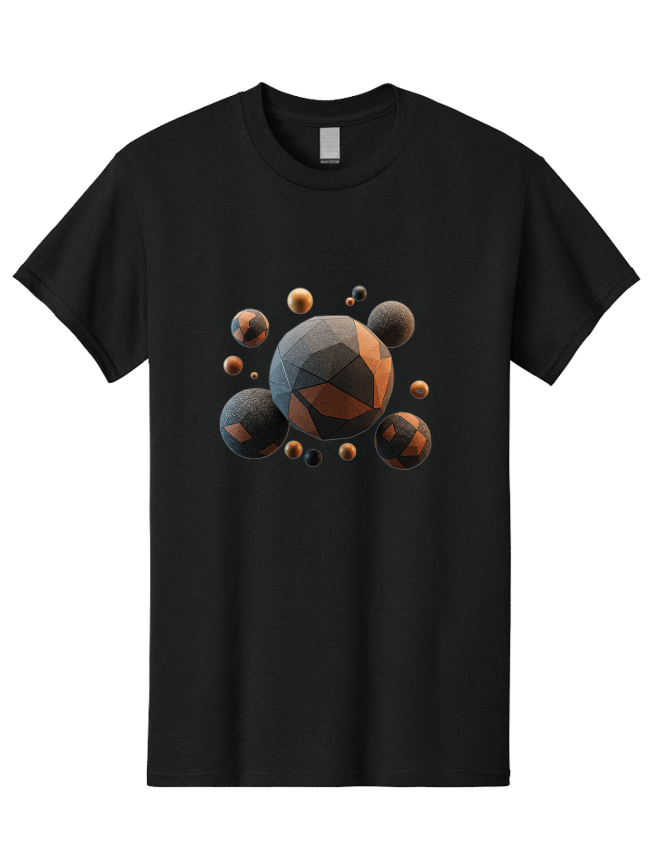 Geometric-Spheres Men'S Graphic Tee, 100% Cotton, Comfortable Casual Summer Wear, Machine Washable, Geometric Shapes, 3D Rendering, Abstract Art, Spherical Forms, Dark Grey And Orange Hues, Futuristic Design, Modern Aesthetic, Bad133