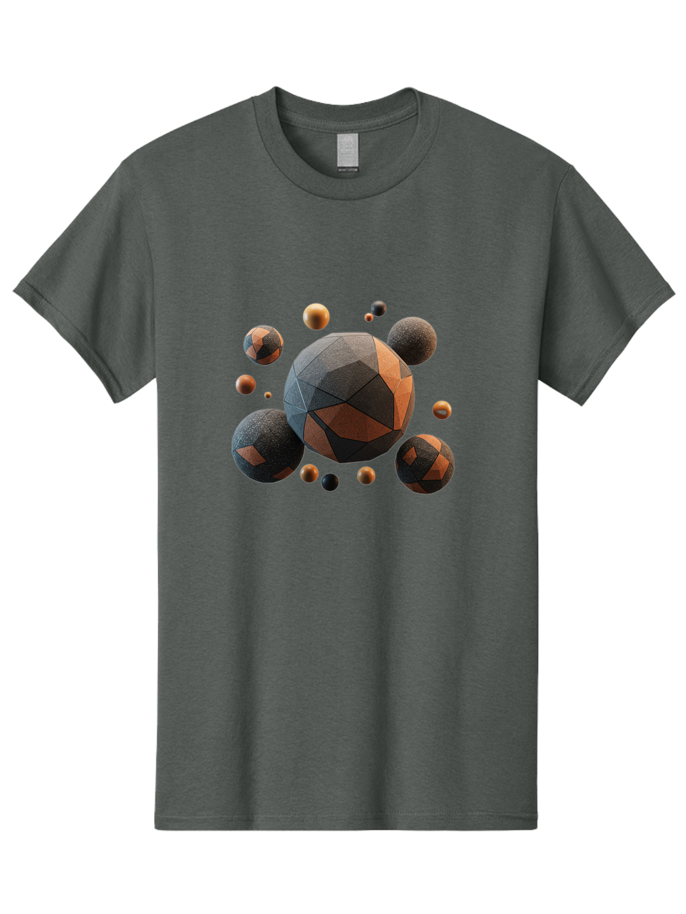 Geometric-Spheres Men'S Graphic Tee, 100% Cotton, Comfortable Casual Summer Wear, Machine Washable, Geometric Shapes, 3D Rendering, Abstract Art, Spherical Forms, Dark Grey And Orange Hues, Futuristic Design, Modern Aesthetic, Bad133