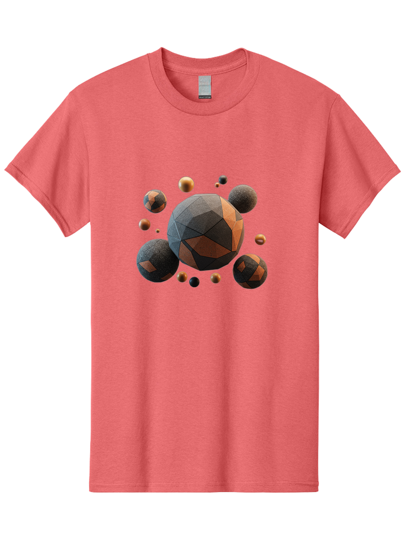 Geometric-Spheres Men'S Graphic Tee, 100% Cotton, Comfortable Casual Summer Wear, Machine Washable, Geometric Shapes, 3D Rendering, Abstract Art, Spherical Forms, Dark Grey And Orange Hues, Futuristic Design, Modern Aesthetic, Bad133