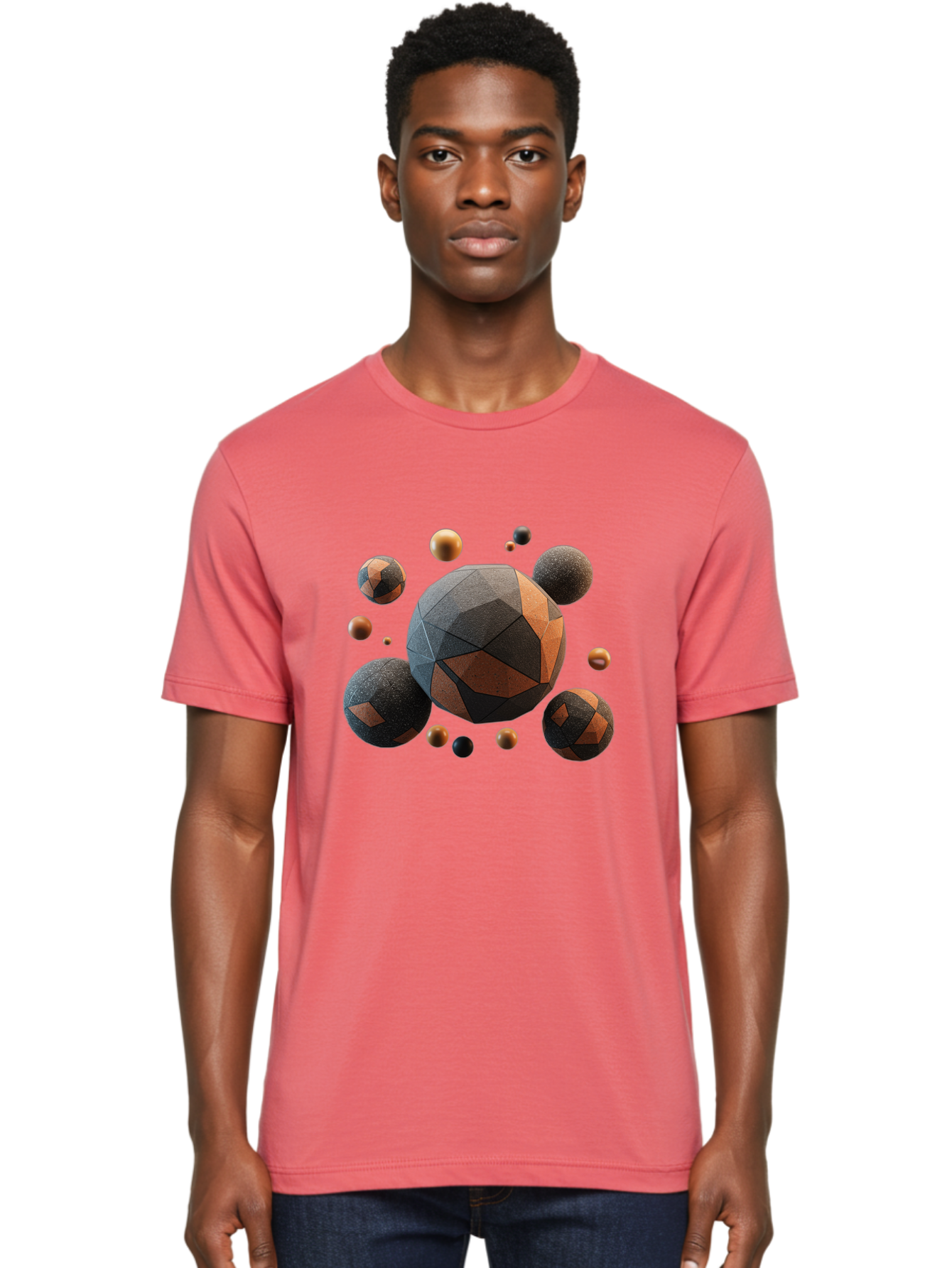 Geometric-Spheres Men'S Graphic Tee, 100% Cotton, Comfortable Casual Summer Wear, Machine Washable, Geometric Shapes, 3D Rendering, Abstract Art, Spherical Forms, Dark Grey And Orange Hues, Futuristic Design, Modern Aesthetic, Bad133